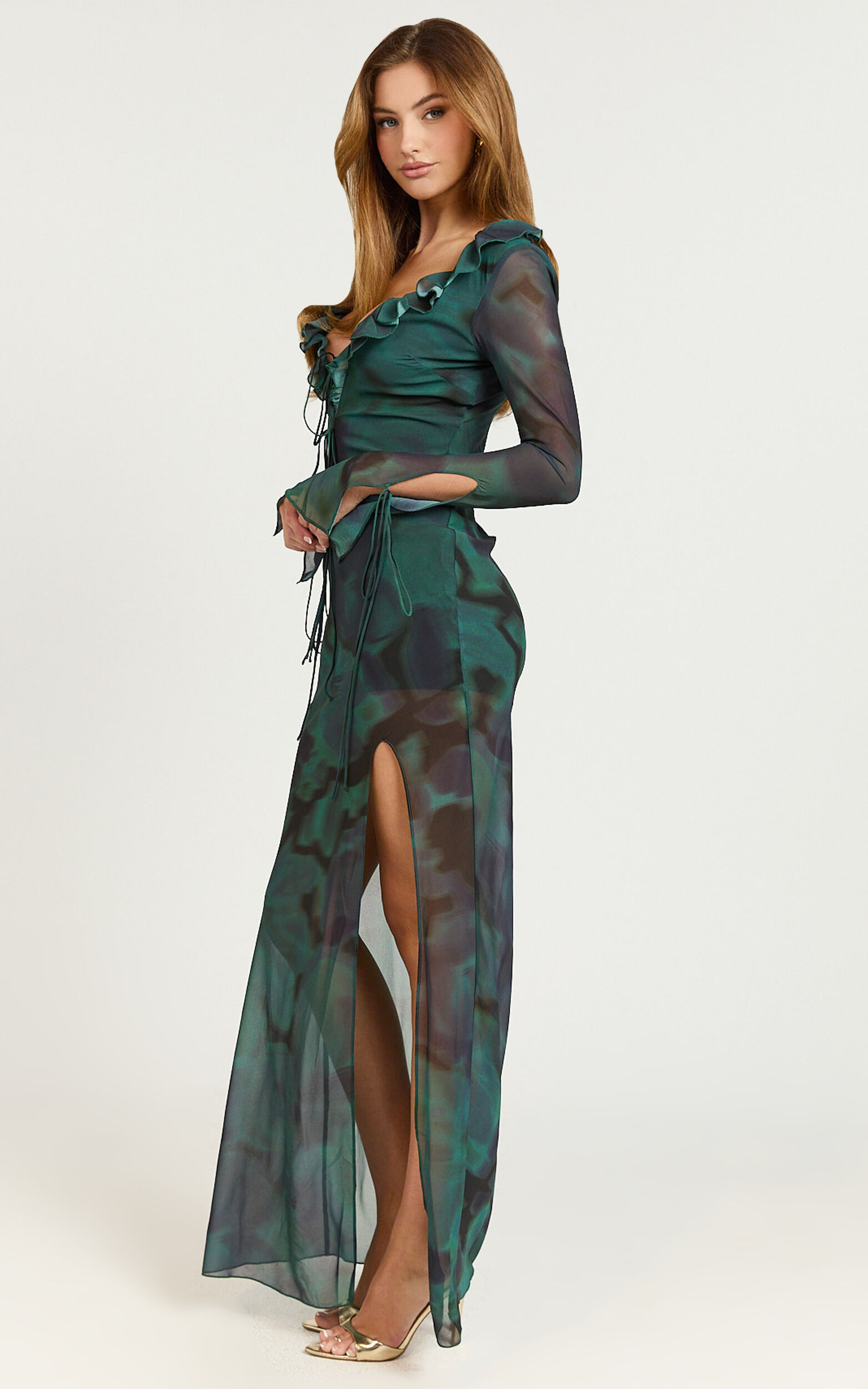 Katie Maxi Dress - Ruffle Plunge Neck Long Sleeve Dress in Green