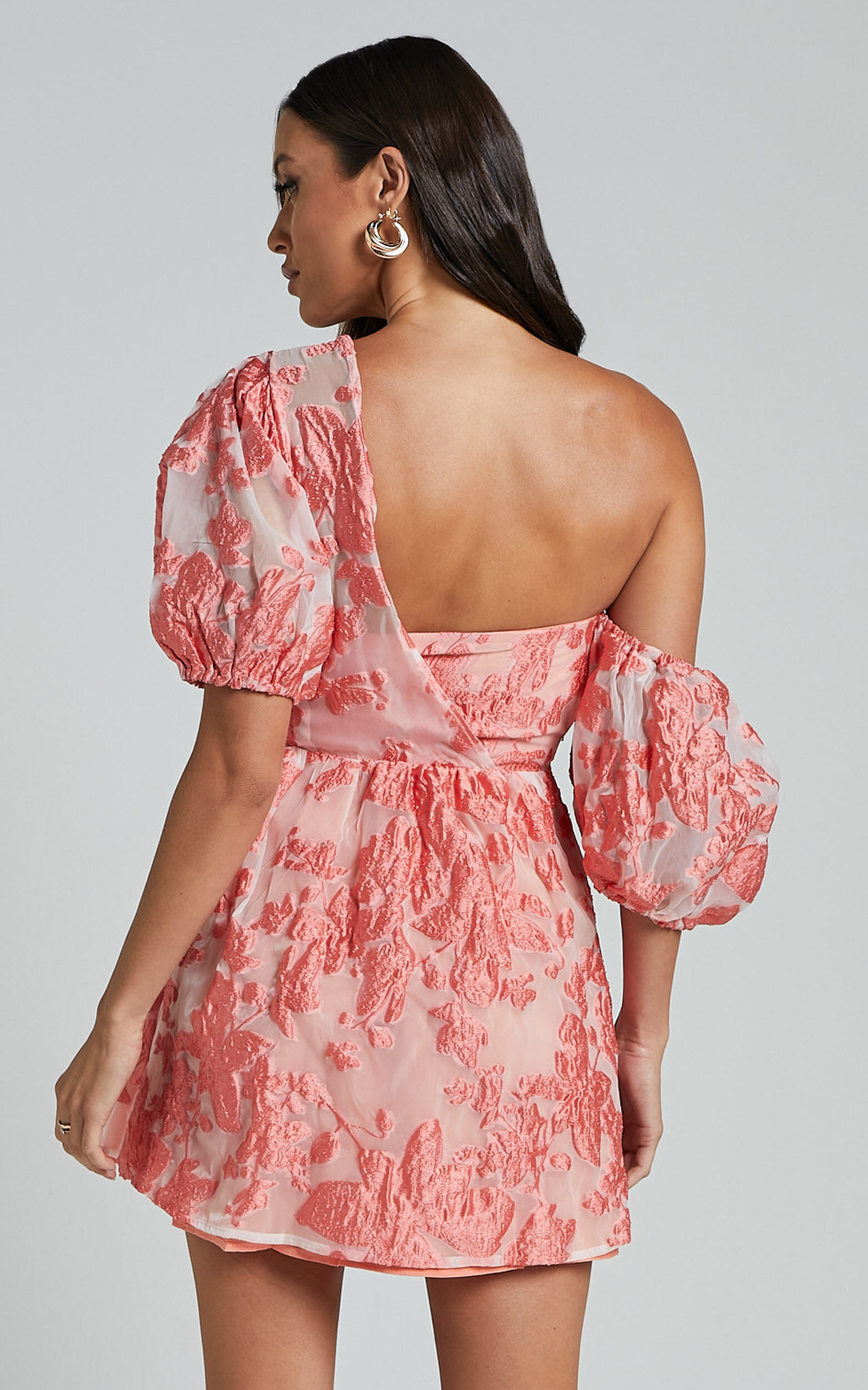 Charrie Mini Dress - One Shoulder Puff Sleeve Dress in Peach Jacquard