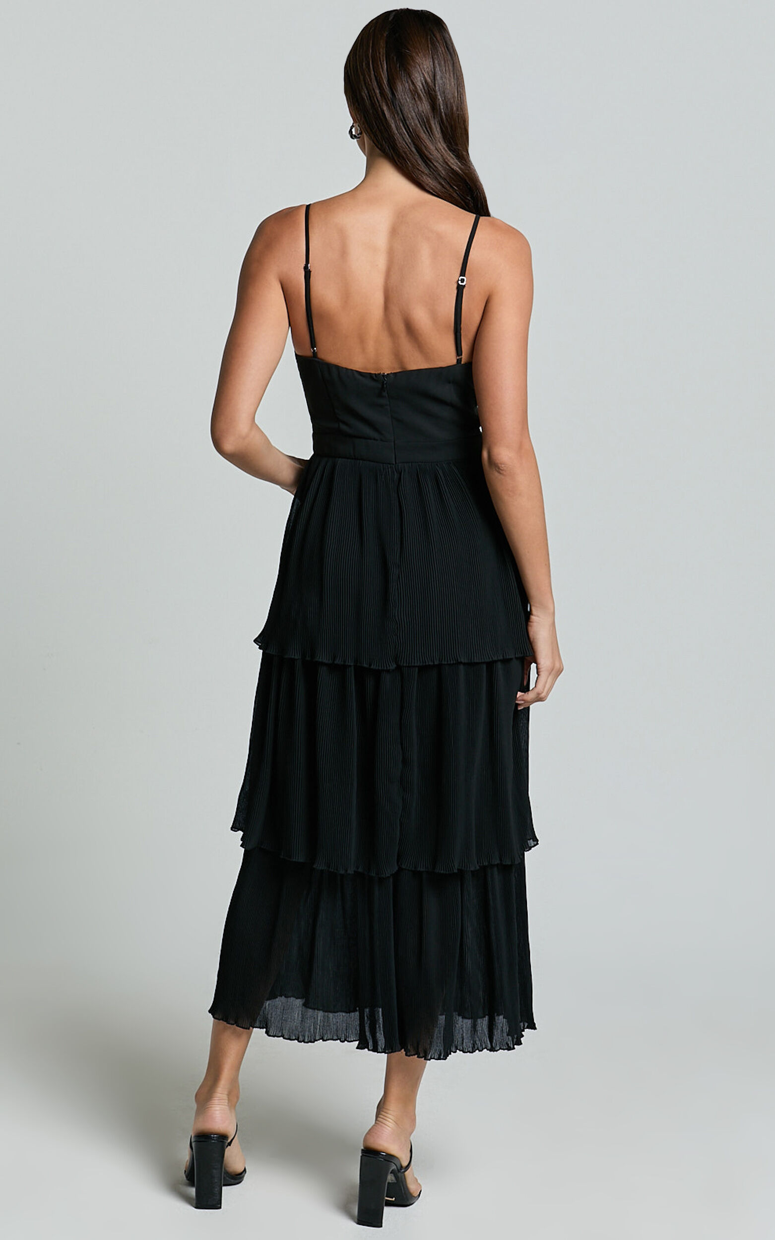 Nina Midi Dress - Bustier Frill Detail Dress in Black