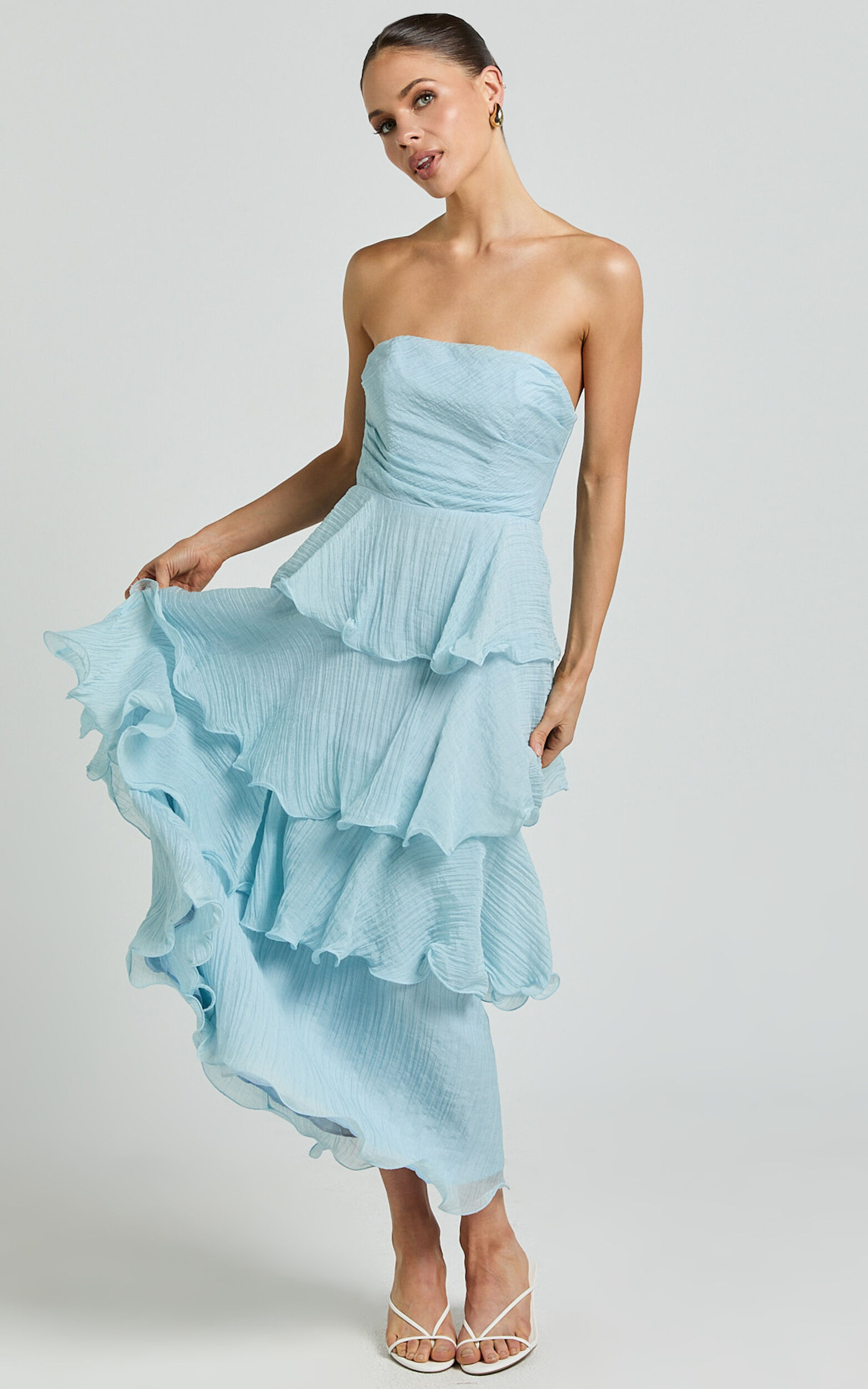 Jaiden Midi Dress - Strappless Layered Dress in Blue