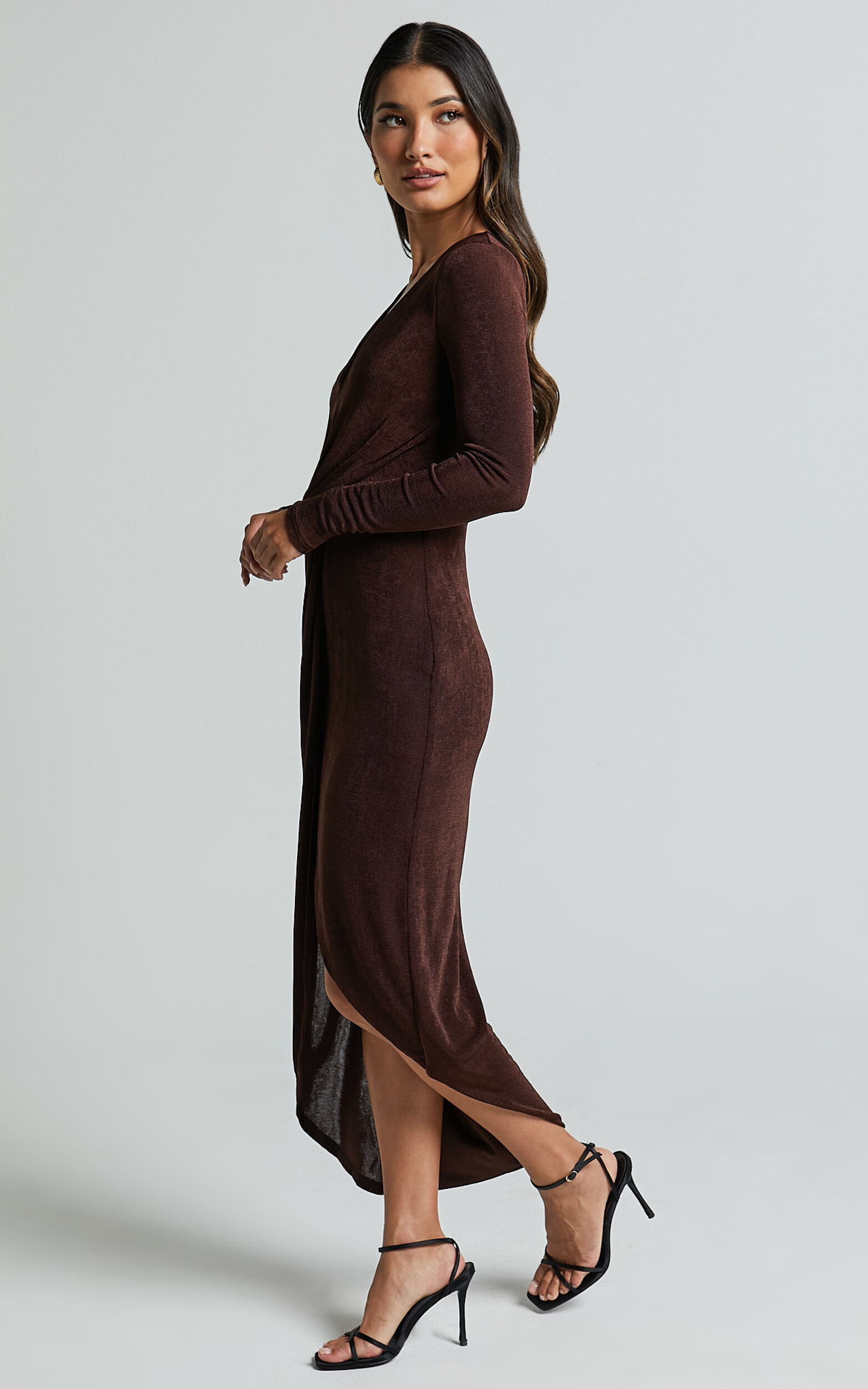 Janina Midi Dress - Plunge Long Sleeve Twist Wrap Asymmetric Dress in Chocolate