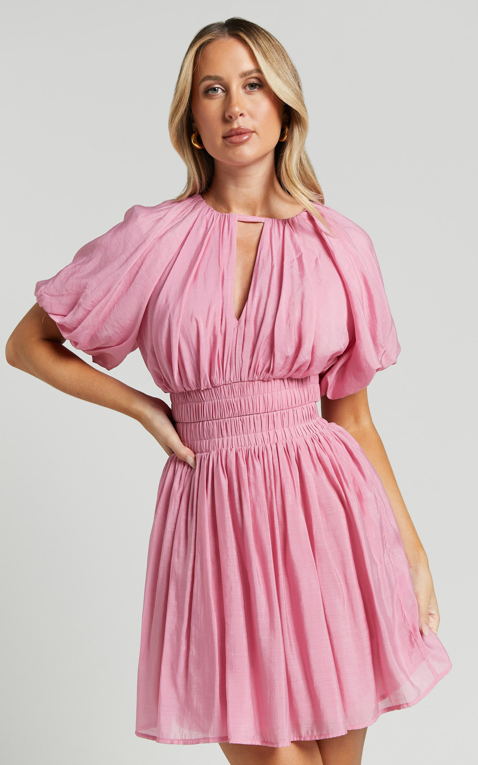 Michalka Mini Dress - Blouson Puff Sleeve Elasticised Waist in Pink