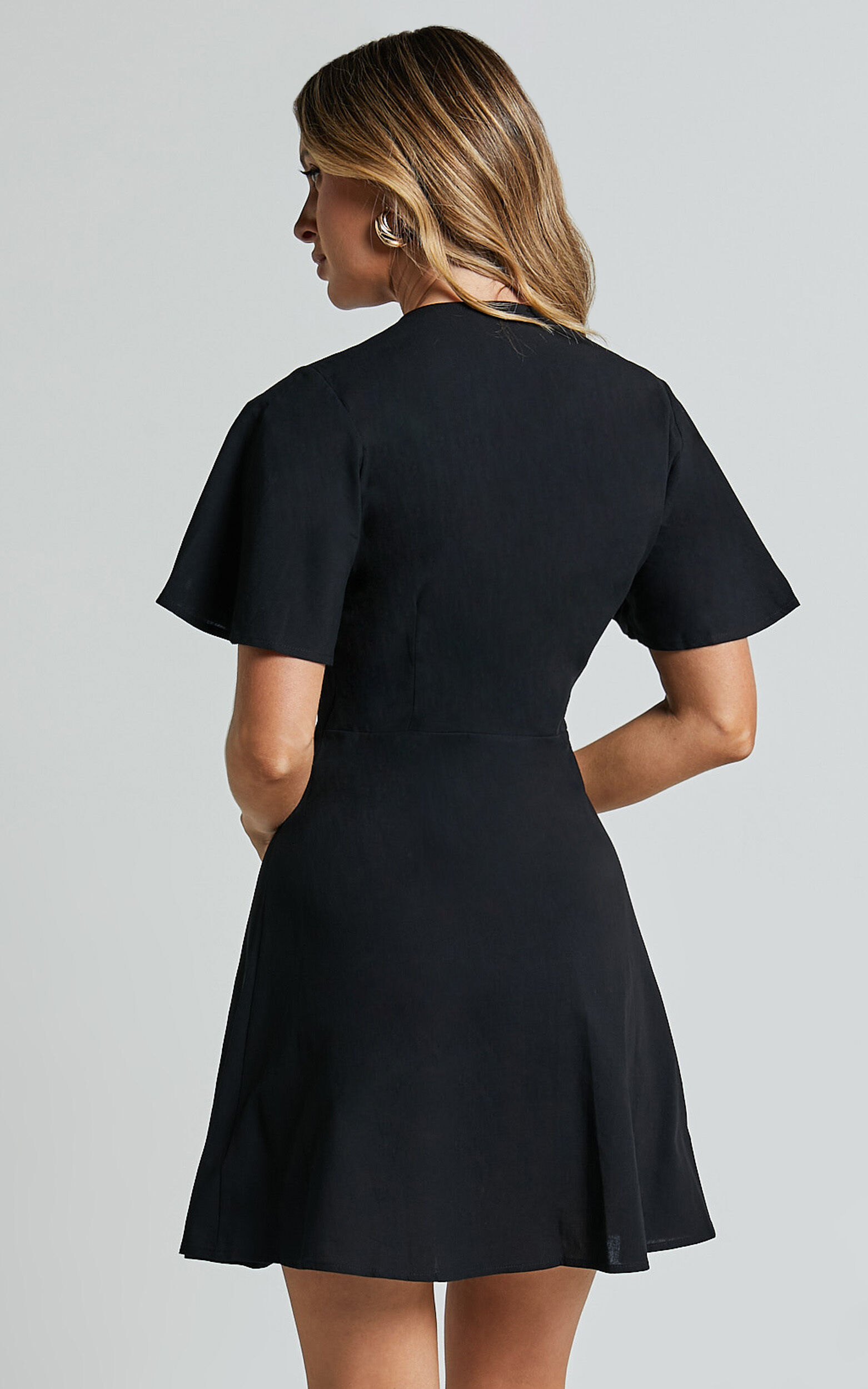 Sahar Mini Dress - Flutter Sleeve Button Through Dress in Black