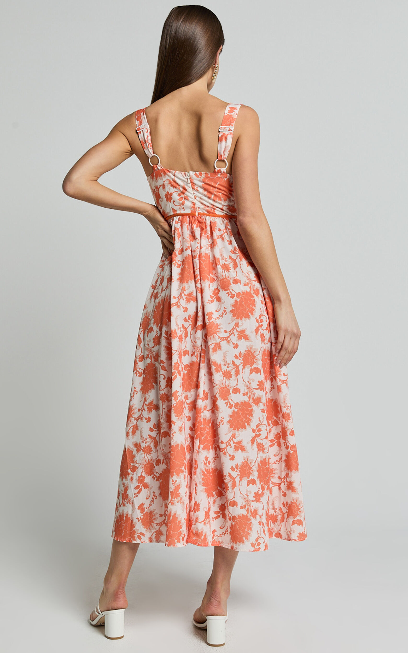 Chira Midi Dress - Front Cut Out Thigh Split Dress in Orange Floral