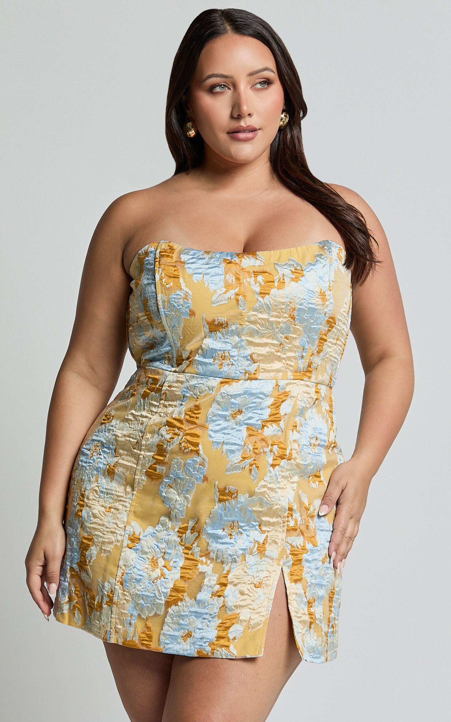 Brailey Mini Dress - Strapless Dress in Blue Jacquard