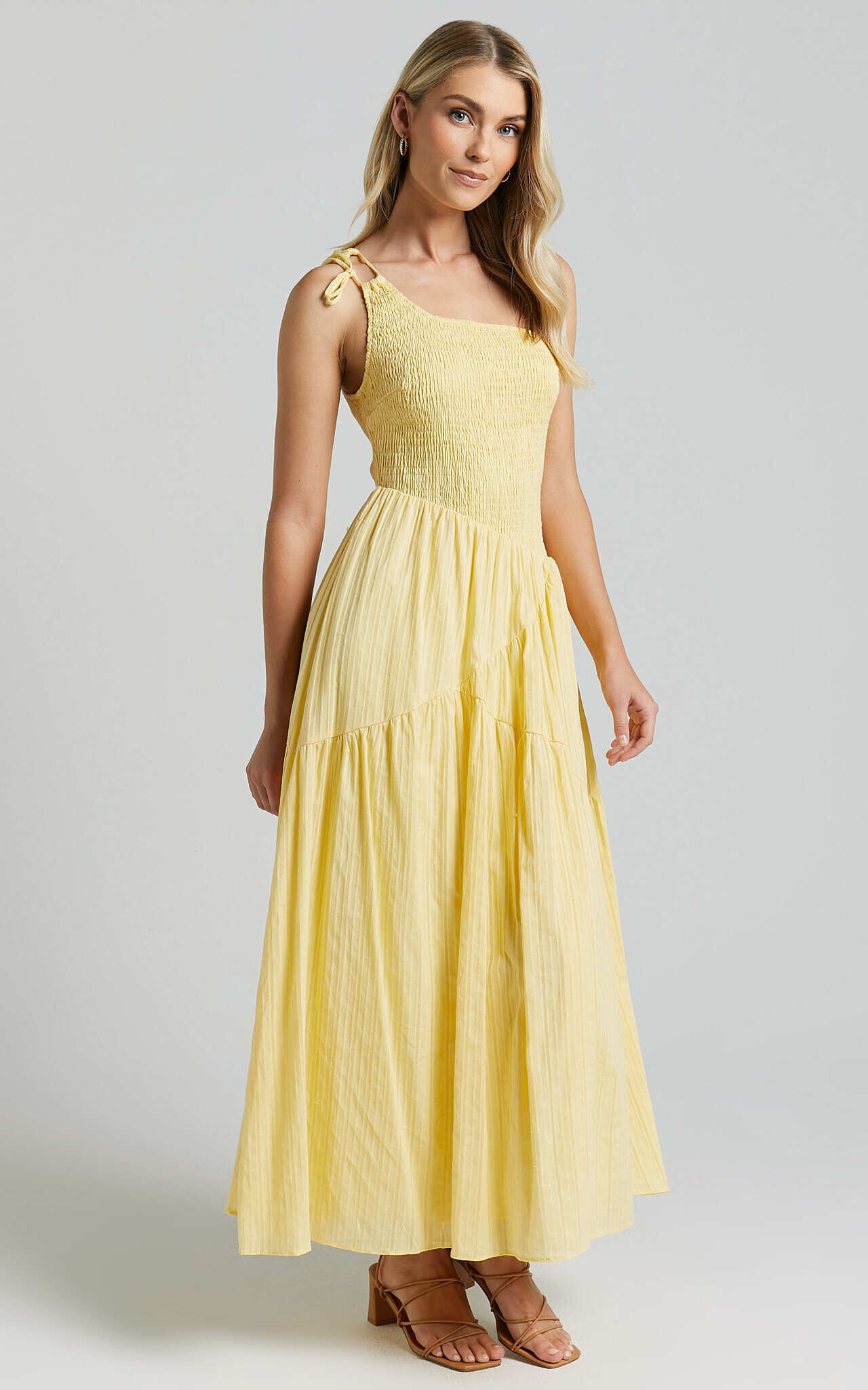 Zhibet Midi Dress - One Shoulder Tie Fit and Flare Dress in Yellow
