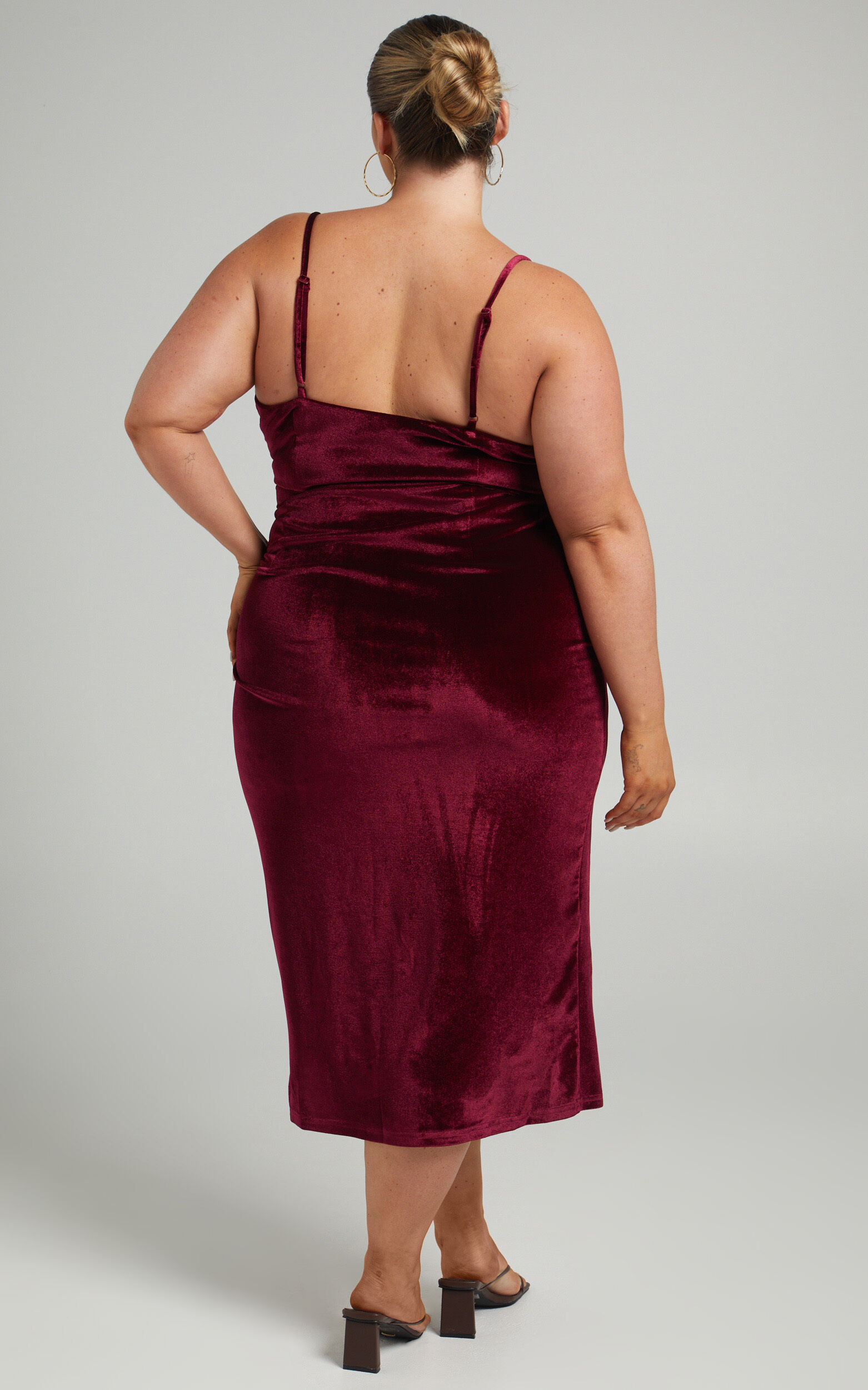 Loving Blind Midi Dress - Draped Thigh Split Dress in Wine Velvet