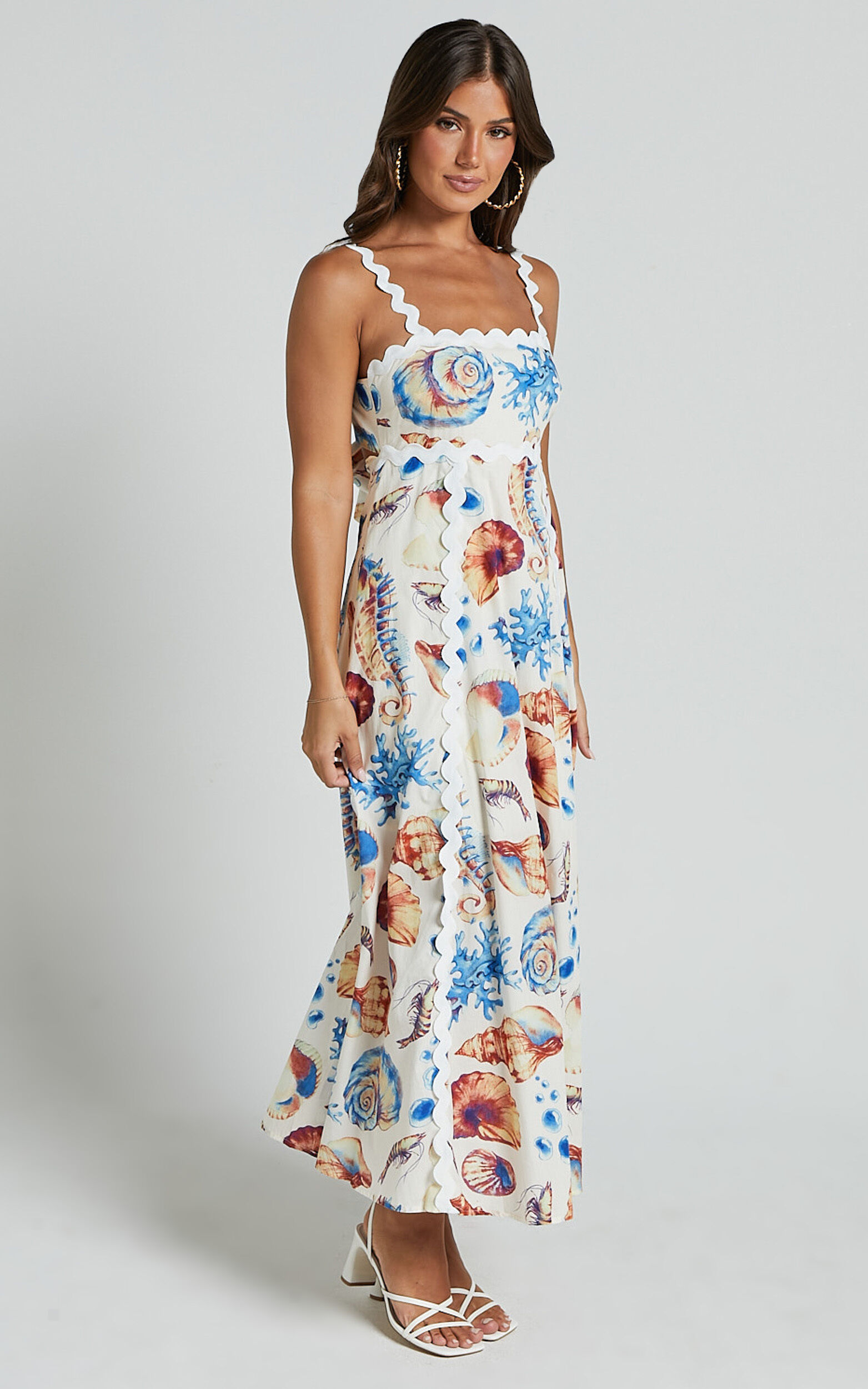 Lani Maxi Dress - Wavy Strap and Neck A Line Dress in Blue and Yellow Print