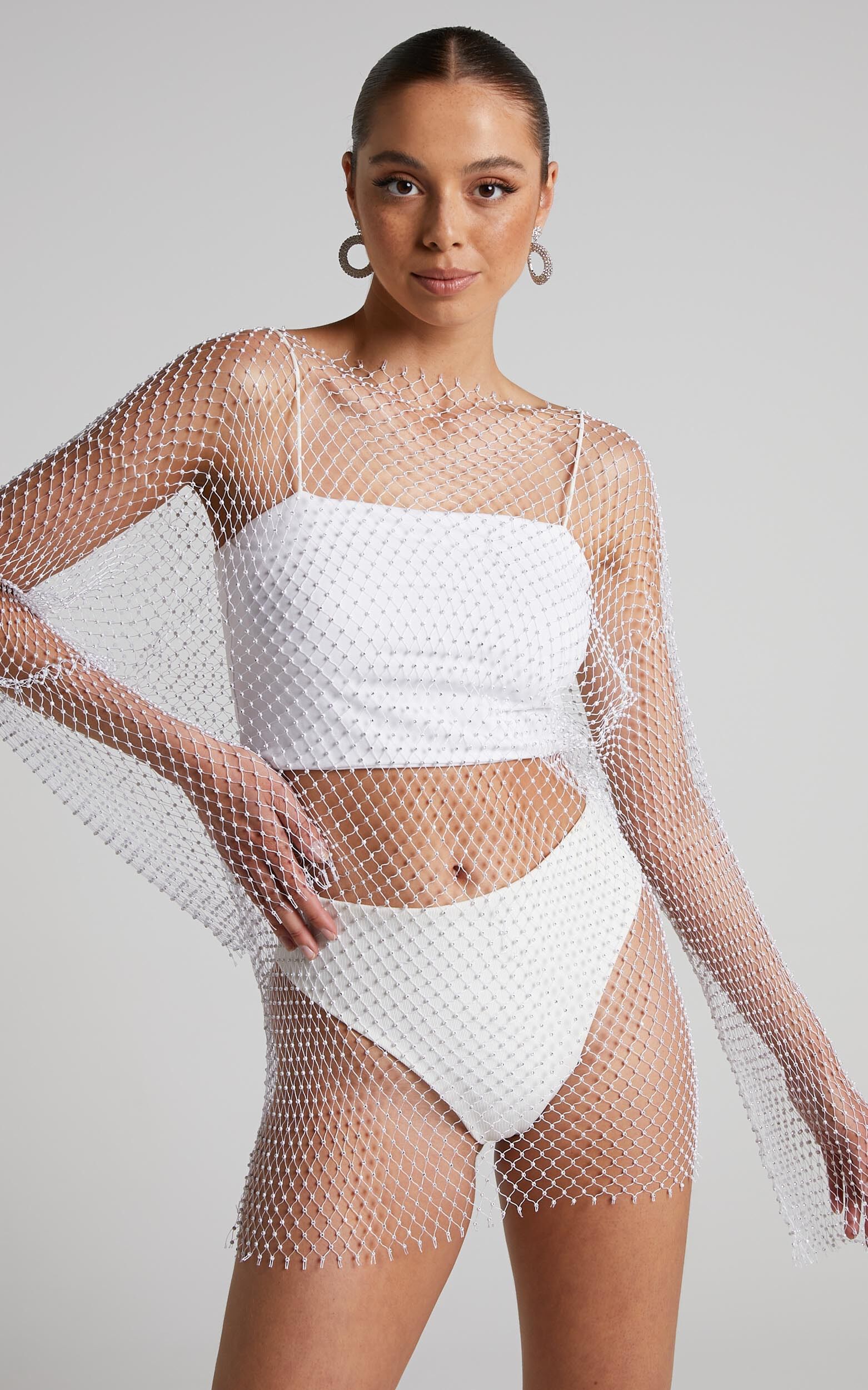 Sharlize Mini Dress - Diamante Mesh Long Sleeve Dress in White