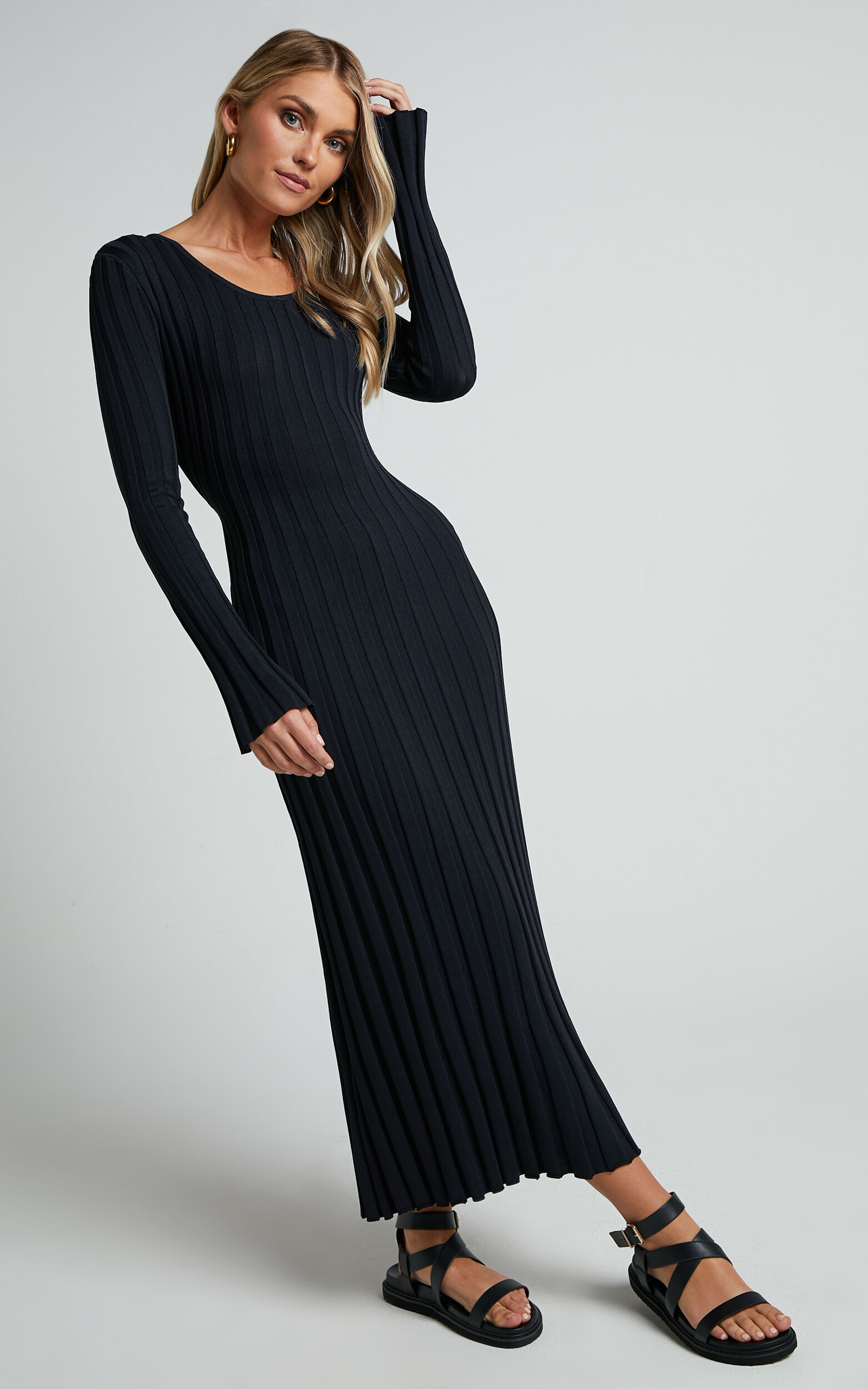 Blaire Midi Dress - Long Sleeve Tie Back Flare Dress in Black