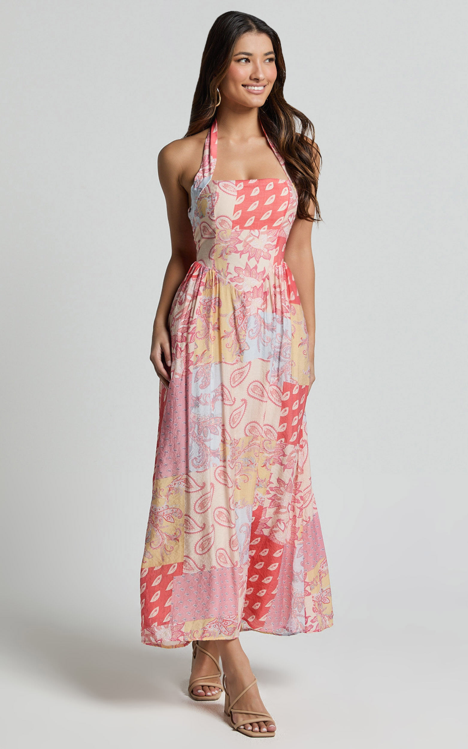 Anziel Midi Dress - Halter Tie Back Tiered Dress in Pink Patchwork Print