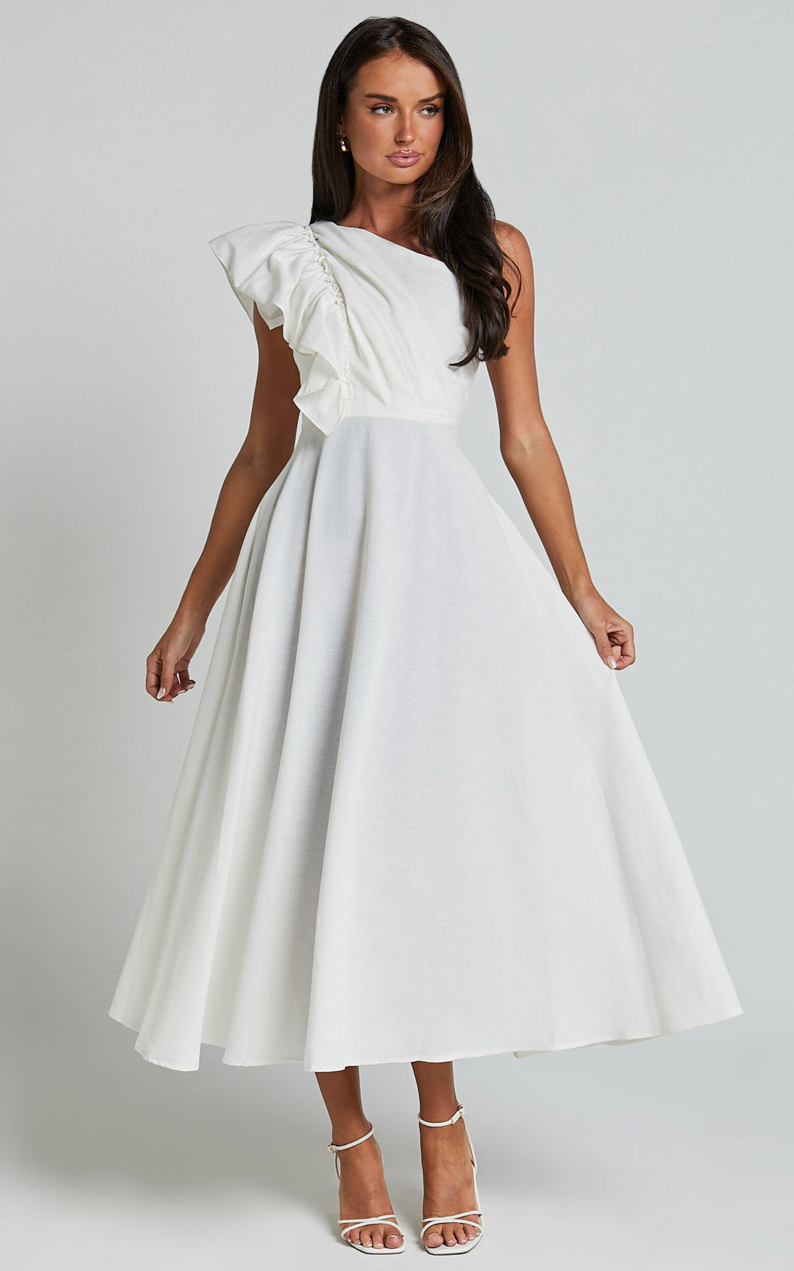 Dixie Midi Dress - Linen Look One Shoulder Ruffle Dress in White