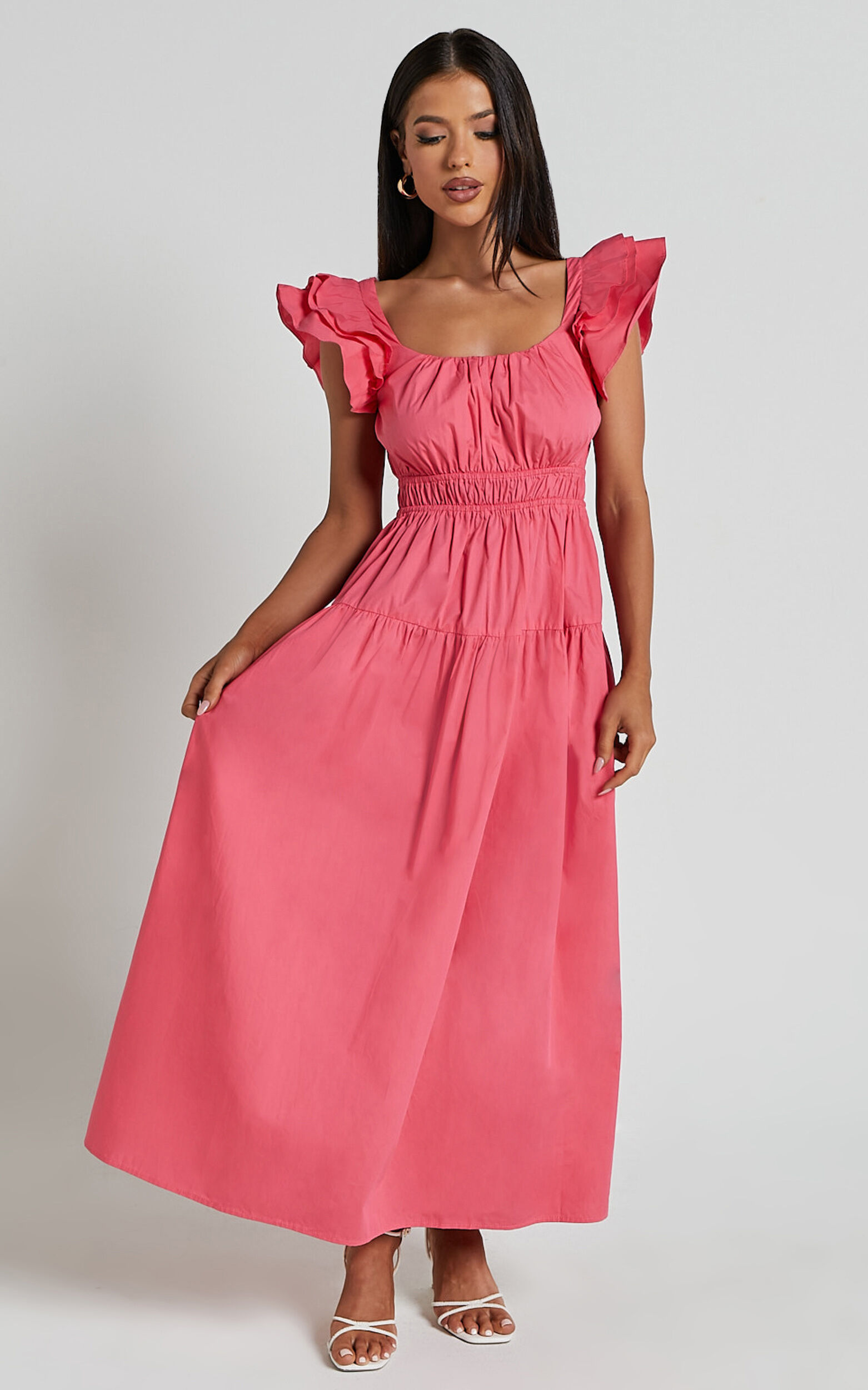 Arlene Midi Dress - Square Neck Shoulder Frill Tiered Dress in Berry