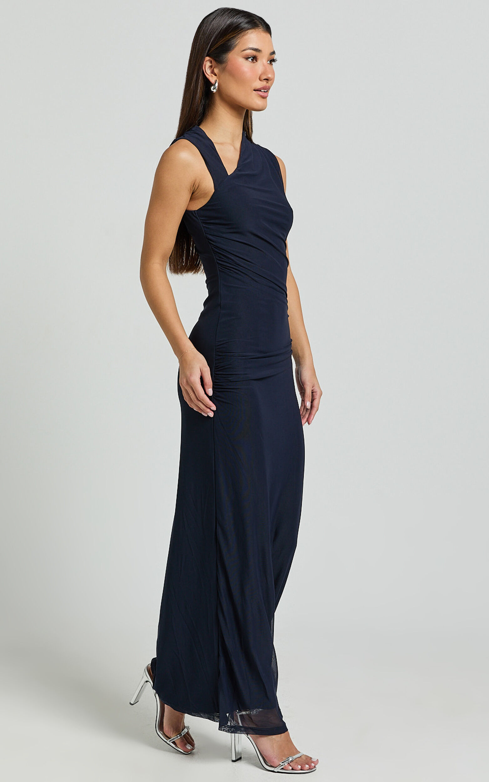 Lara Midi Dress - Asymmetrical Ruched Mesh Dress in Ink