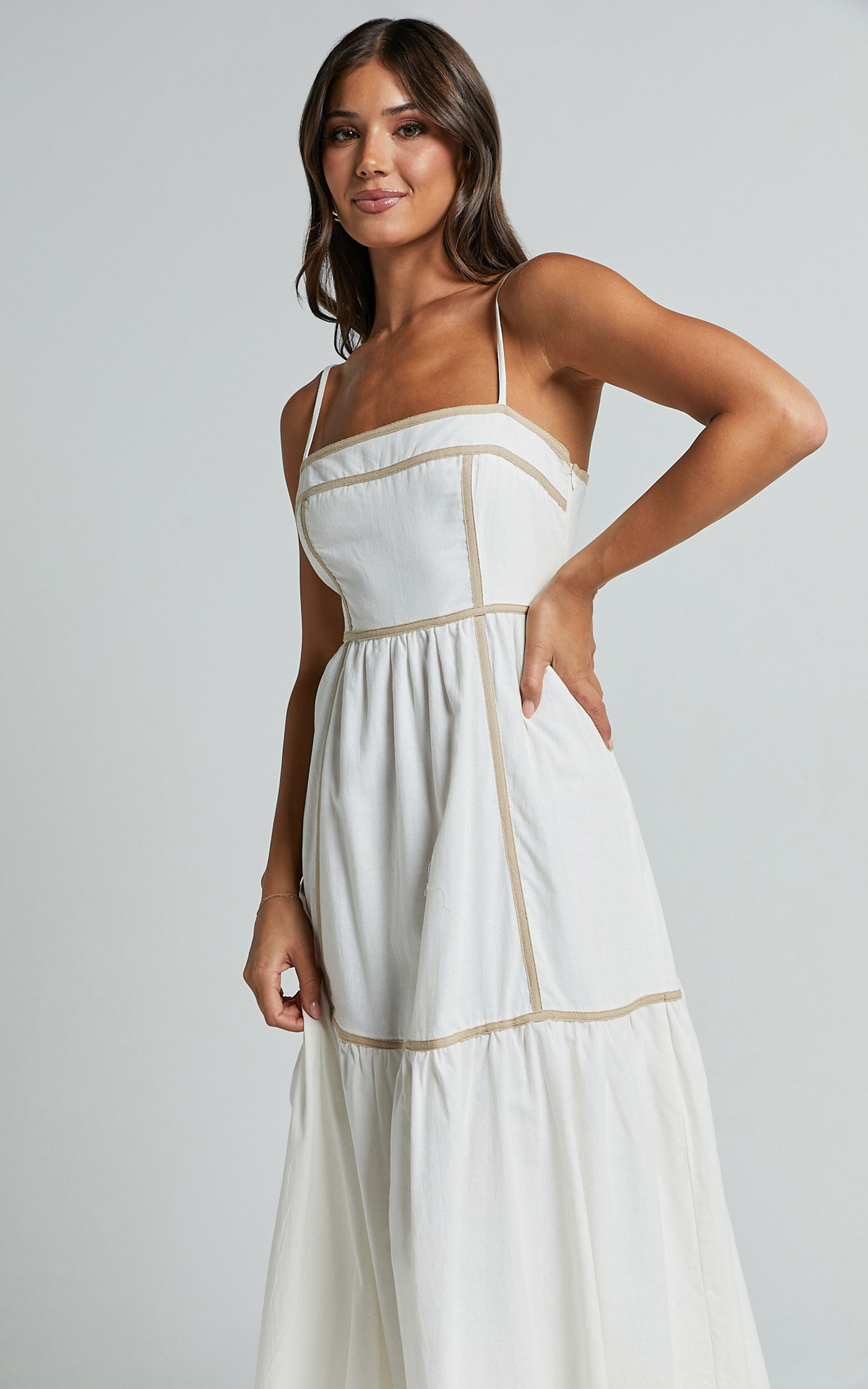 Chanika Midi Dress - Straight Neck Sleeveless Tiered Dress in White with Beige Contrast