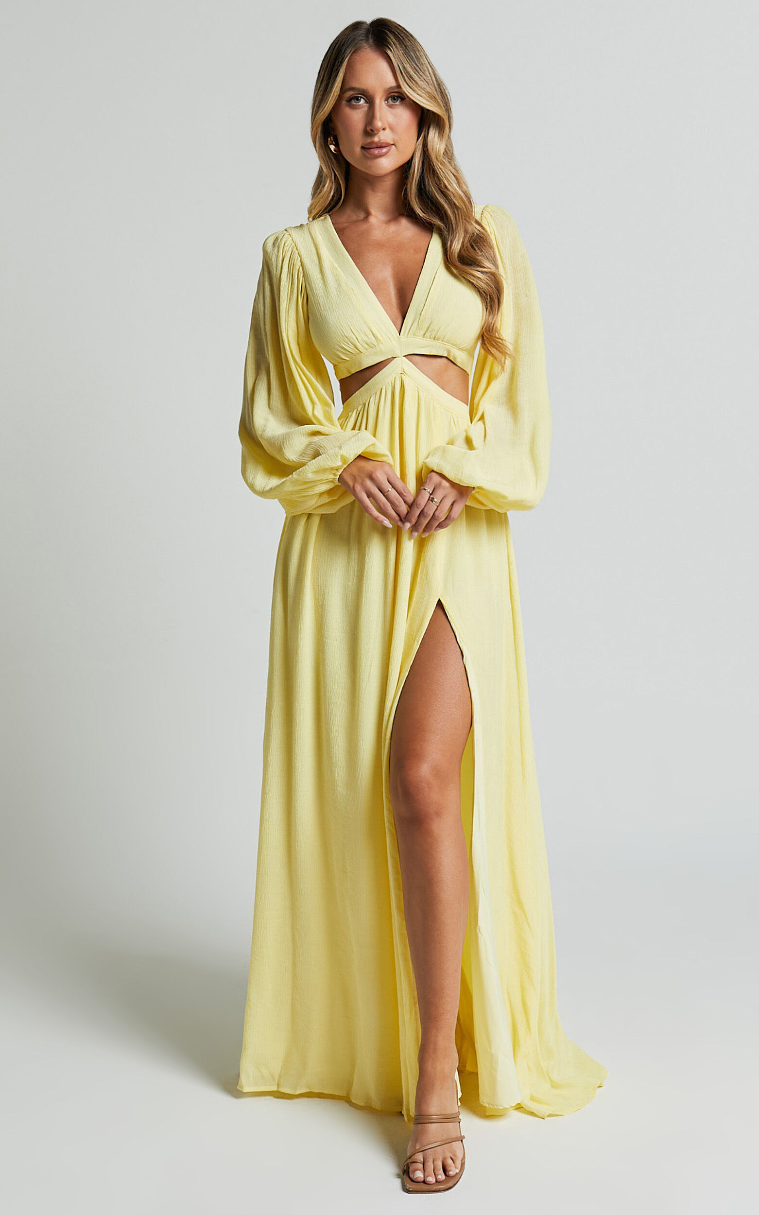 Paige Maxi Dress - Side Cut Out Balloon Sleeve Dress in Lemon
