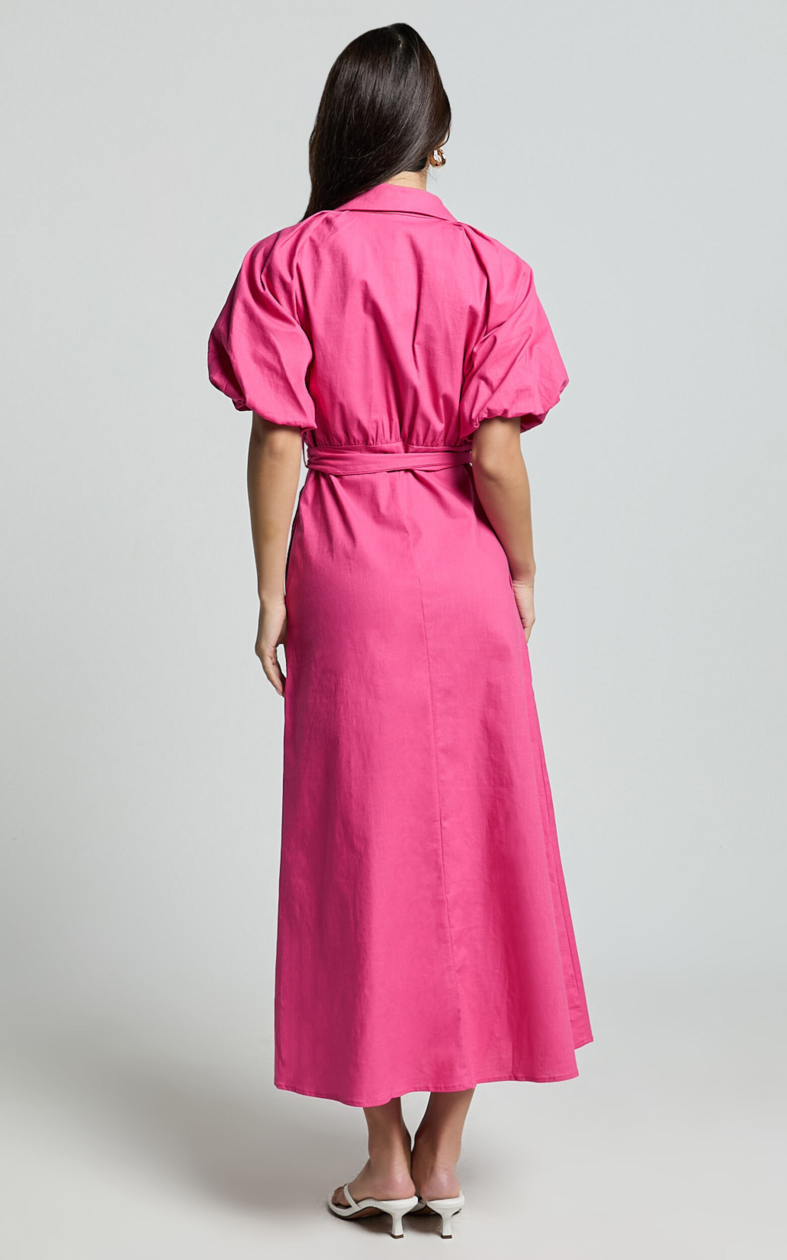 Jesse Midi Dress - Puff Sleeve Collared Shirt Dress in Hot Pink