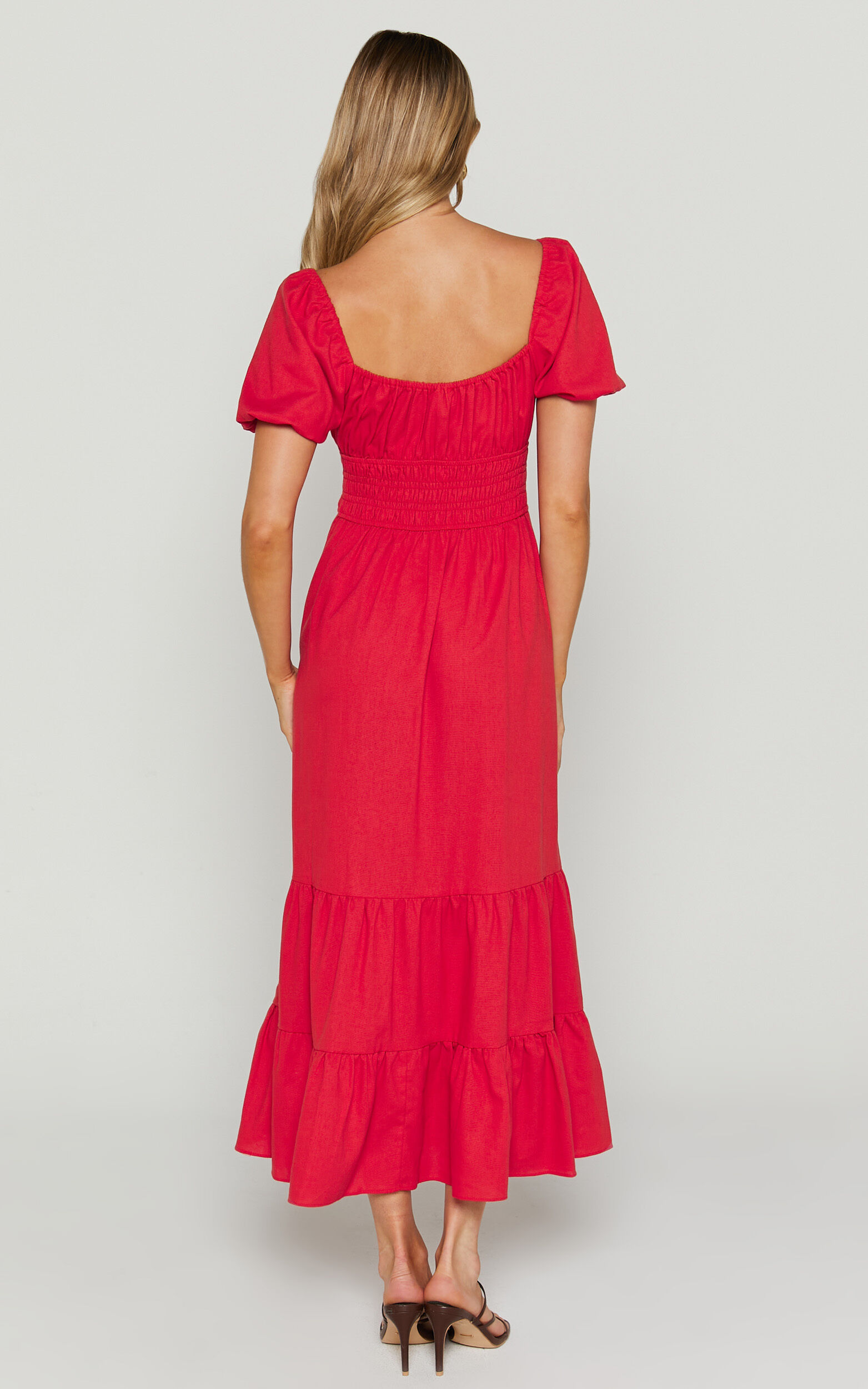 Claritza Midi Dress - Linen Look Short Puff Sleeve Square Neck Tiered Dress in Red