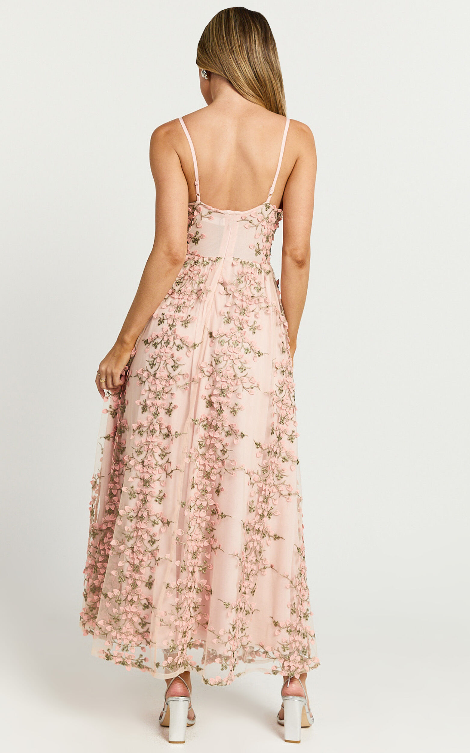 Amalie The Label - Lou V Neck Embroidered Tulle Maxi Dress in Blush