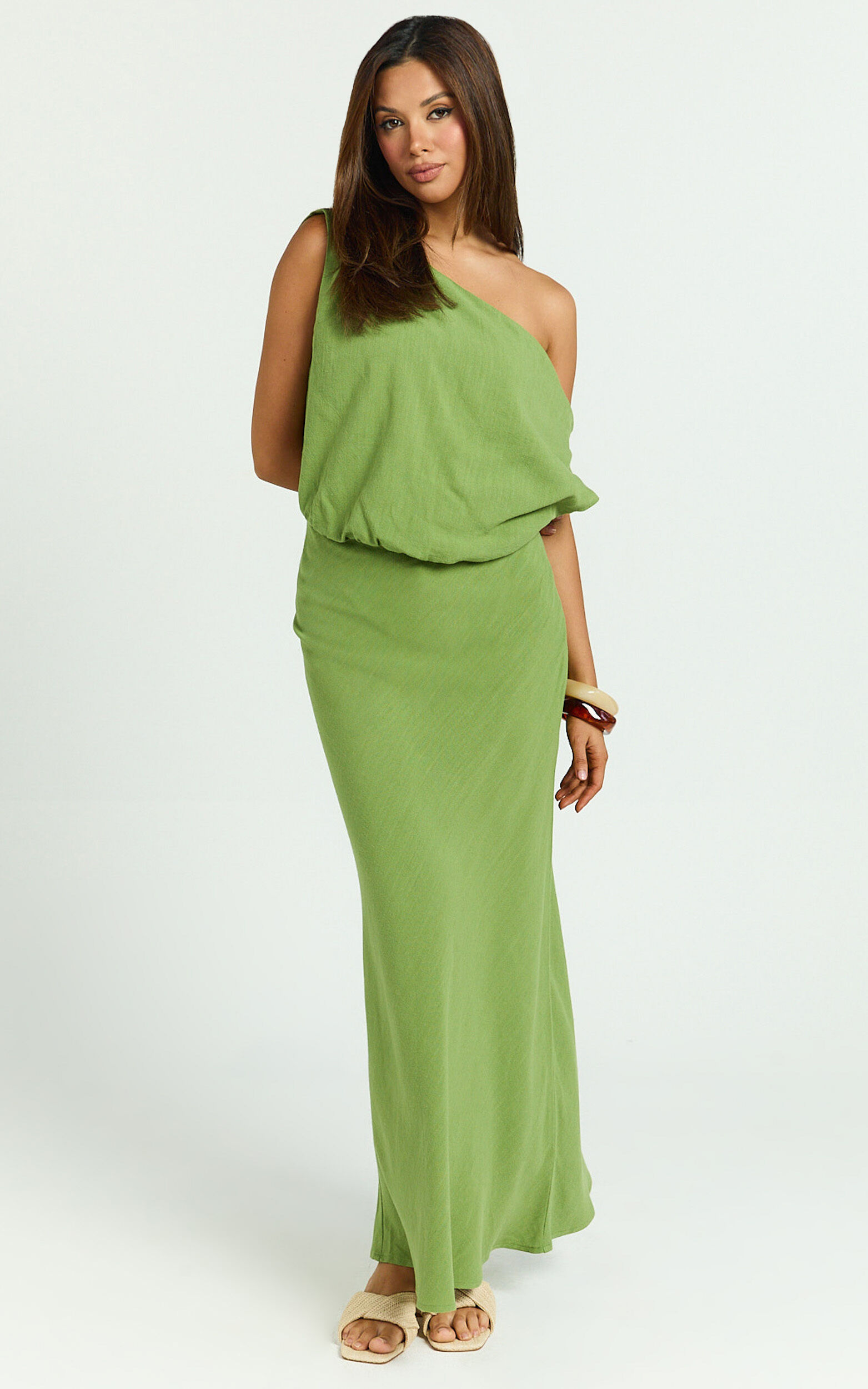 Jacqueline Midi Dress - Linen One Shoulder Dress in Green