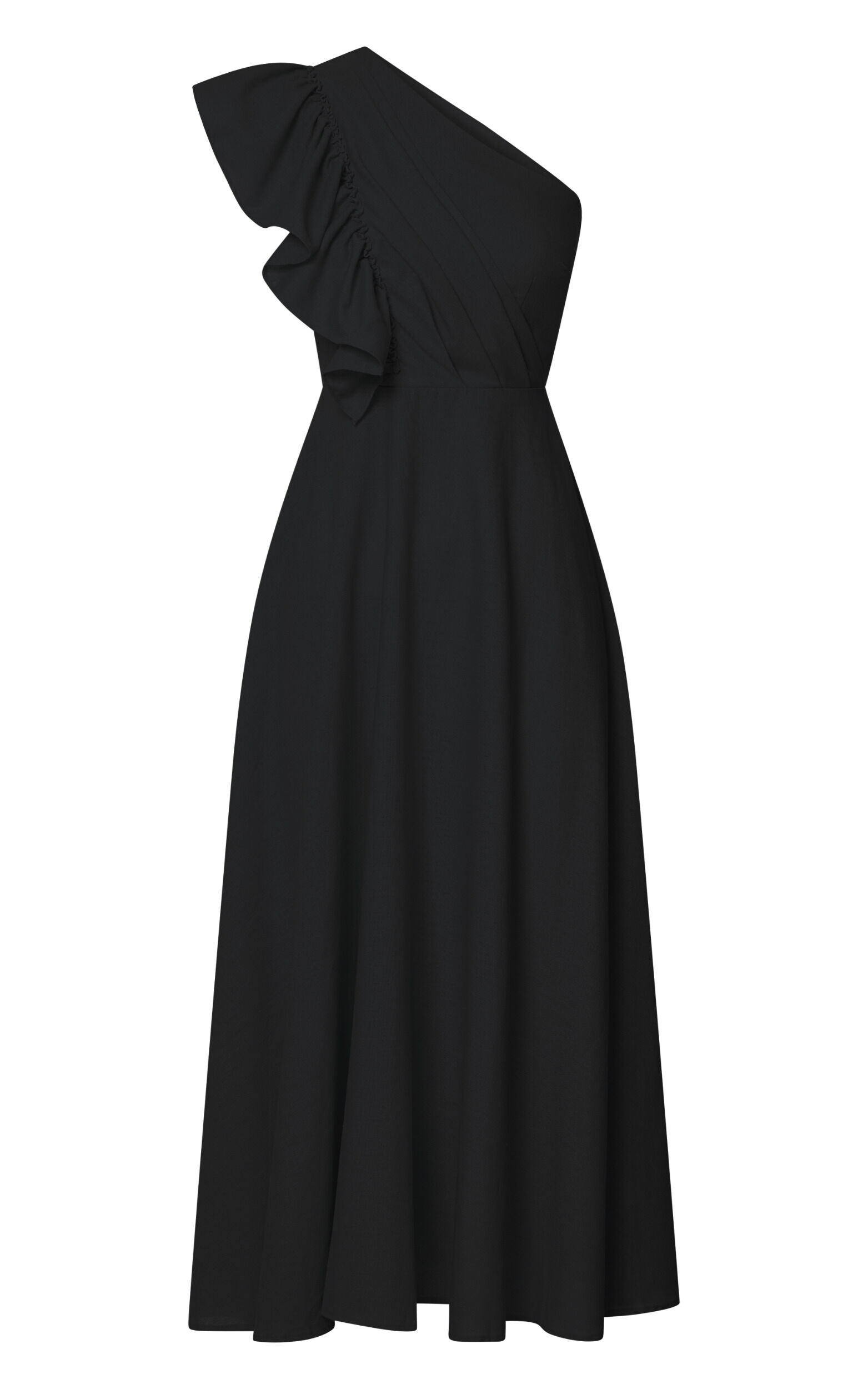 Dixie Midi Dress - Linen Look One Shoulder Ruffle Dress in Black