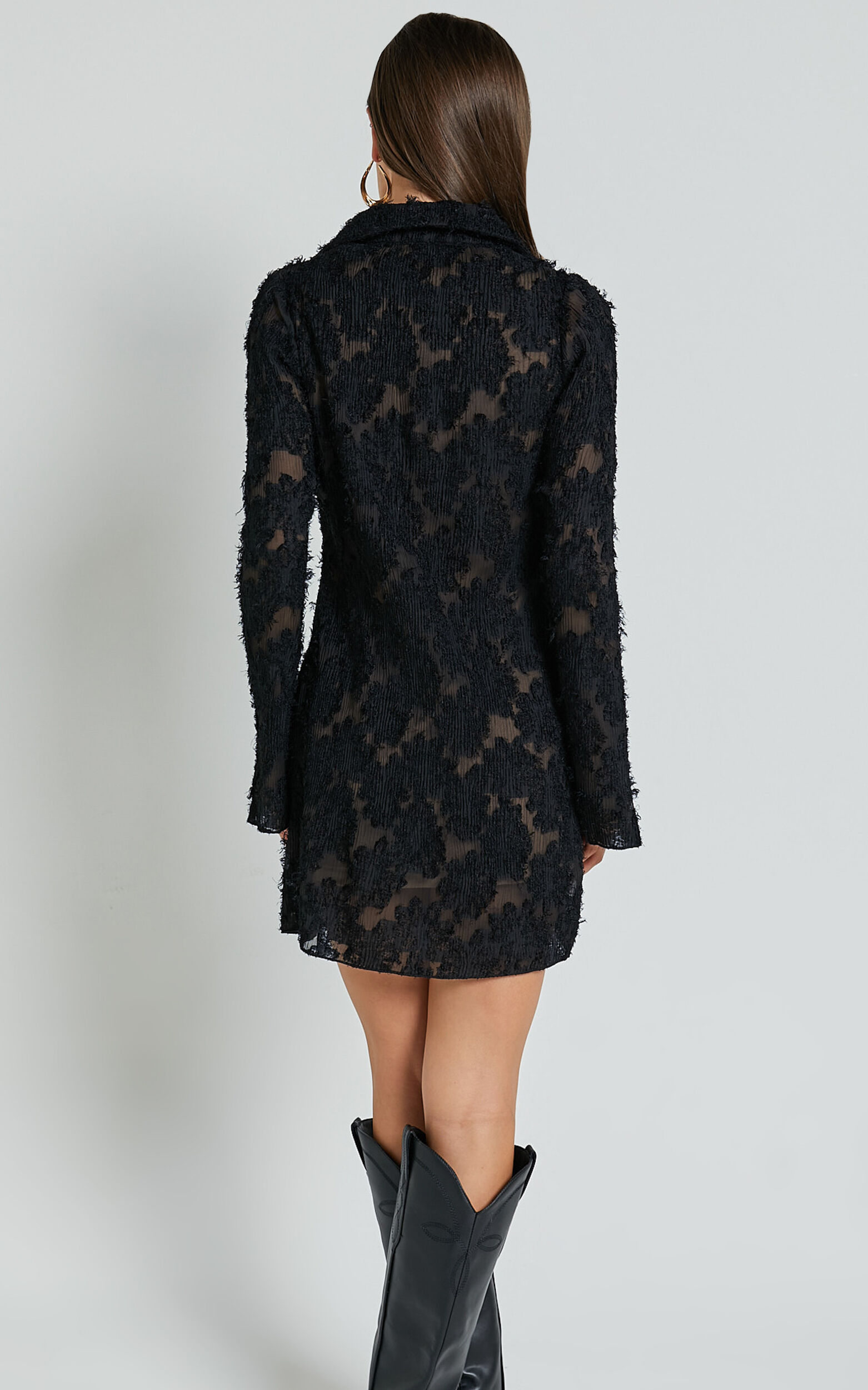 Ava Mini Dress - Long Sleeve Fitted Clipped Jacquard Dress in Black