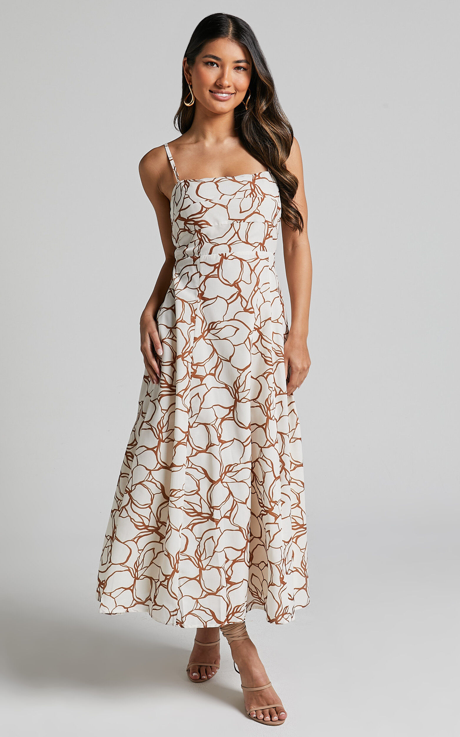 Nylia Midi Dress - Strappy Fit and Flare Dress in White Floral