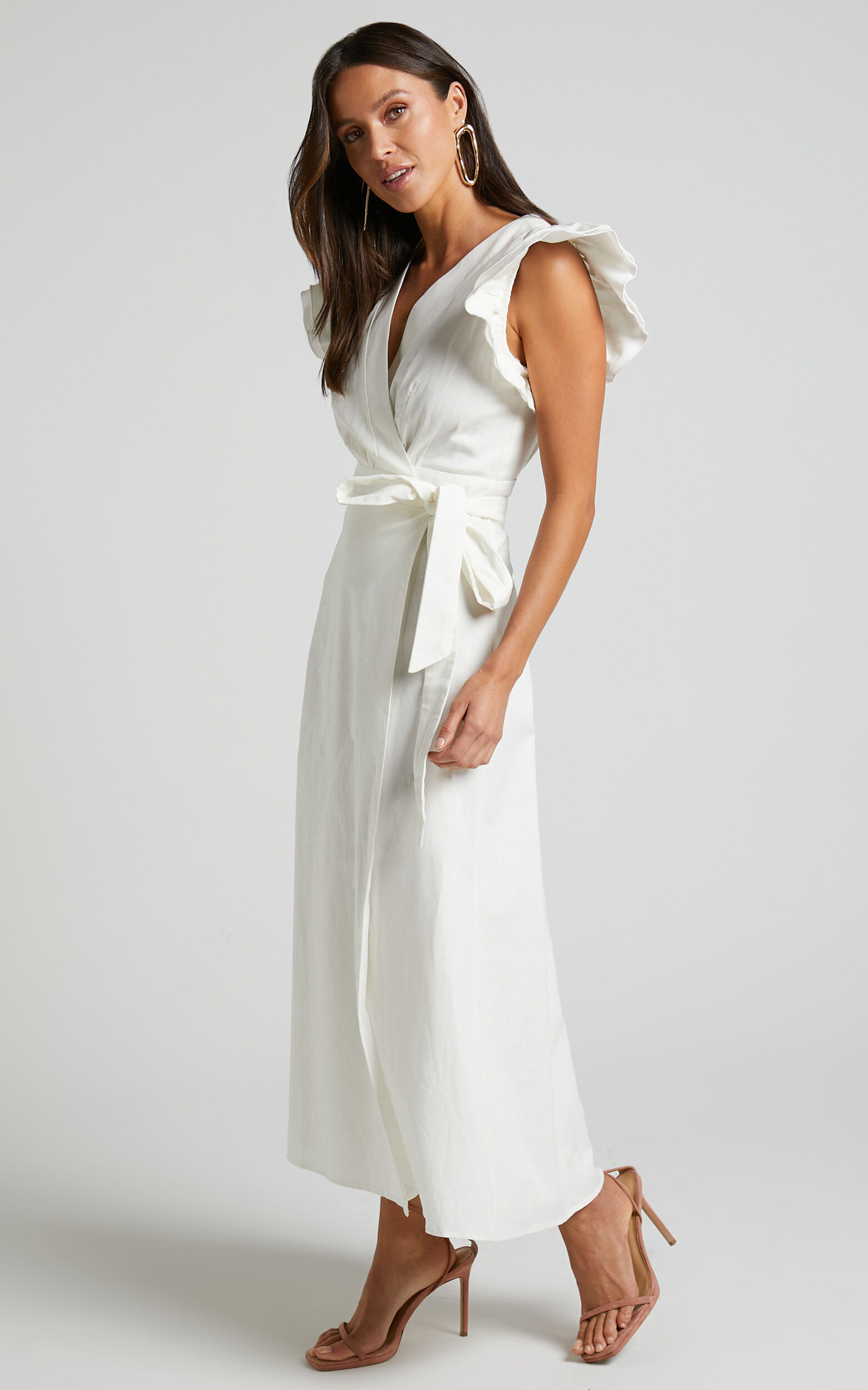 Amalie The Label - Palmer Linen Blend Frill Sleeve Wrap Dress in White