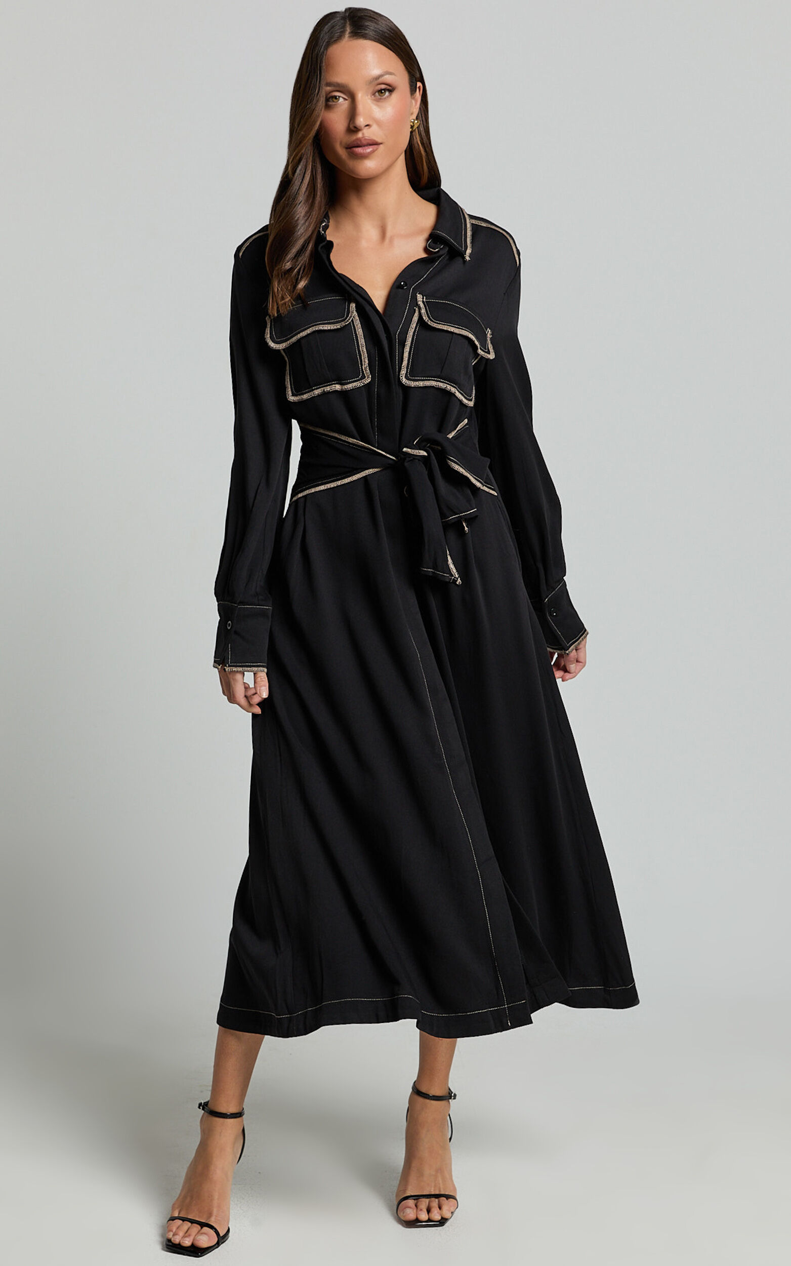Ally Midi Dress - Collared Button Through Long Sleeve Tie Dress in Black