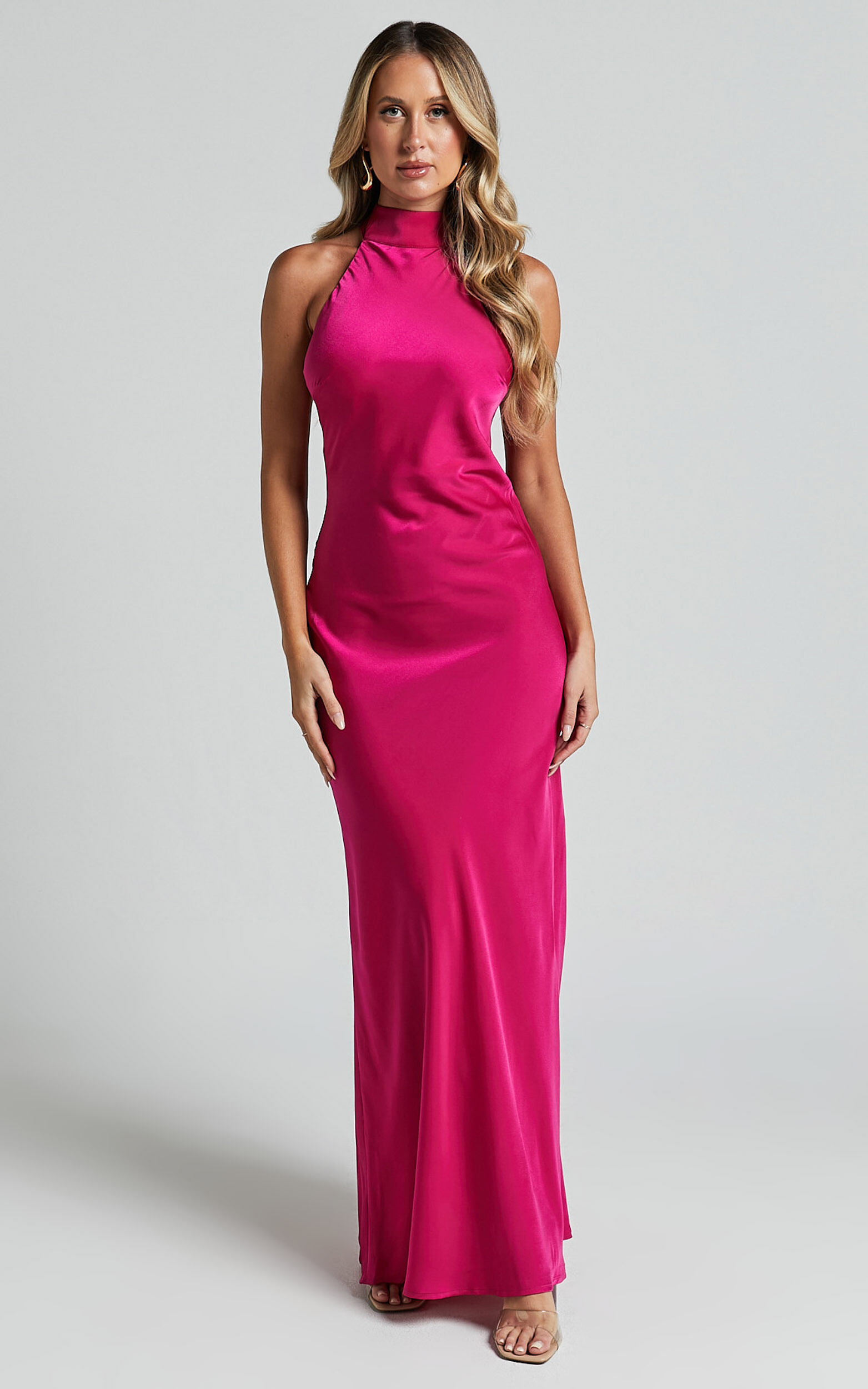 Alycia Maxi Dress - High Neck Tie Back Slip in Pink