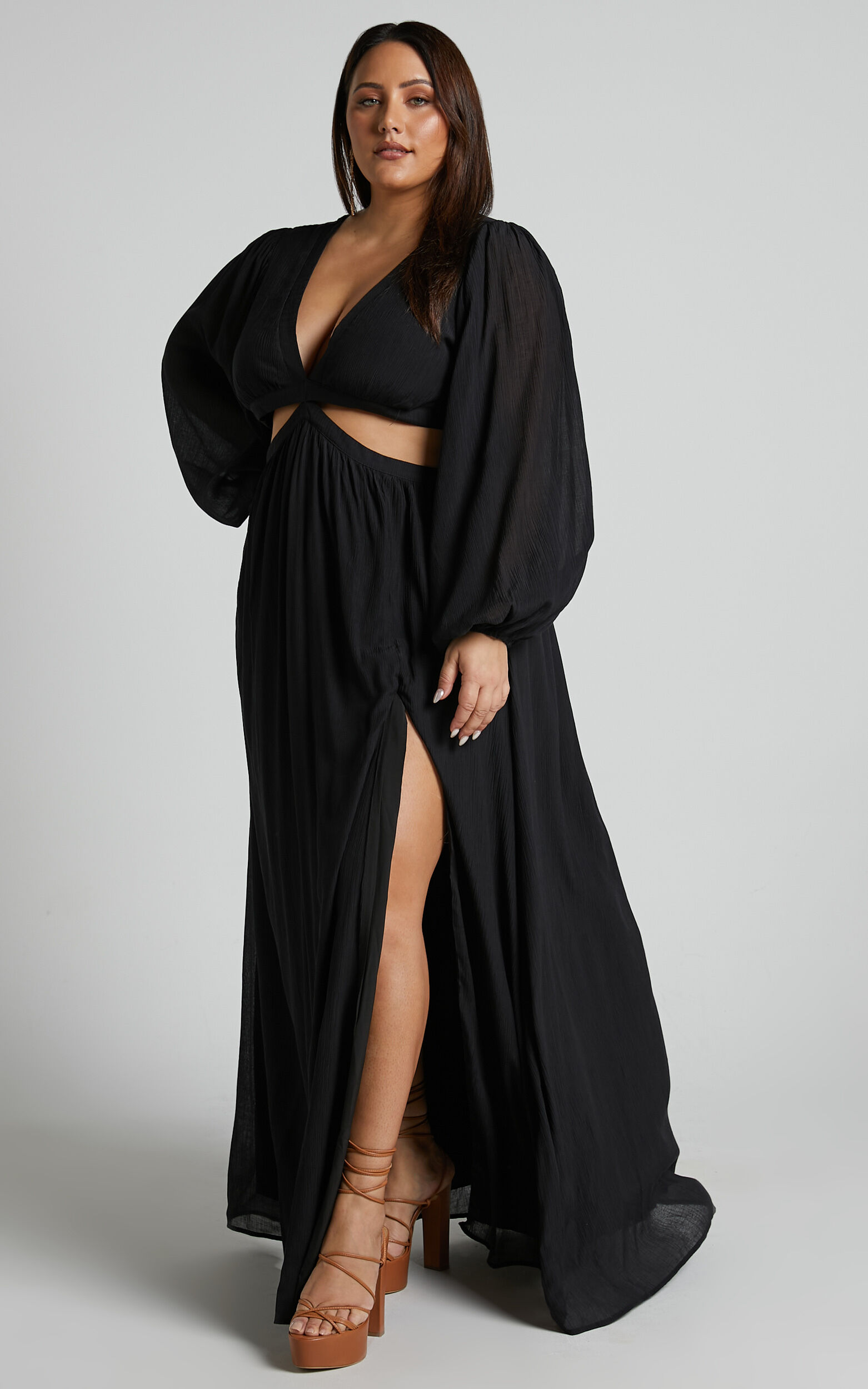 Paige Maxi Dress - Side Cut Out Balloon Sleeve Dress in Black