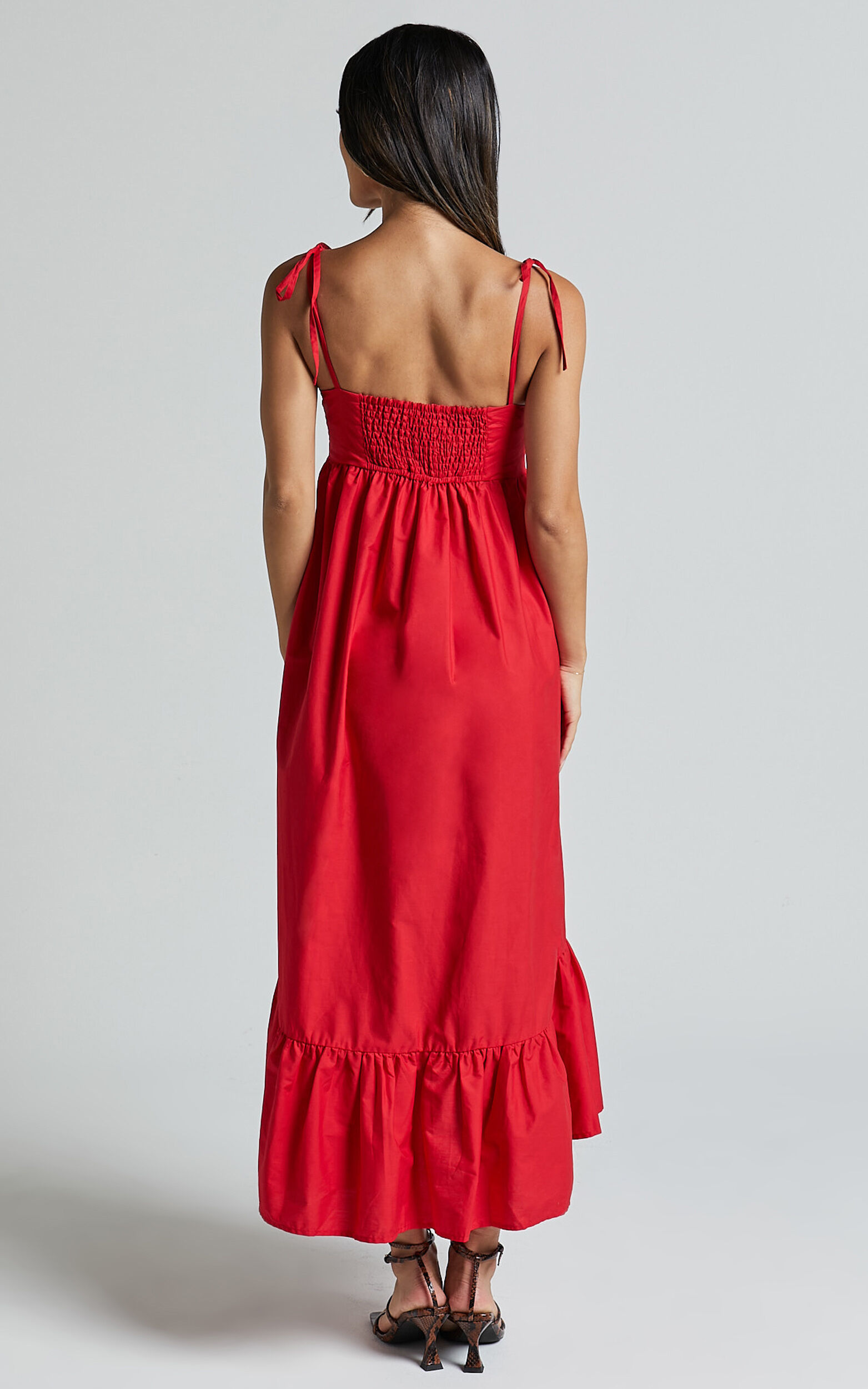 Aveiro Midi Dress - Straight Neck Shoulder Tie High Low Ruffle Hem in Red