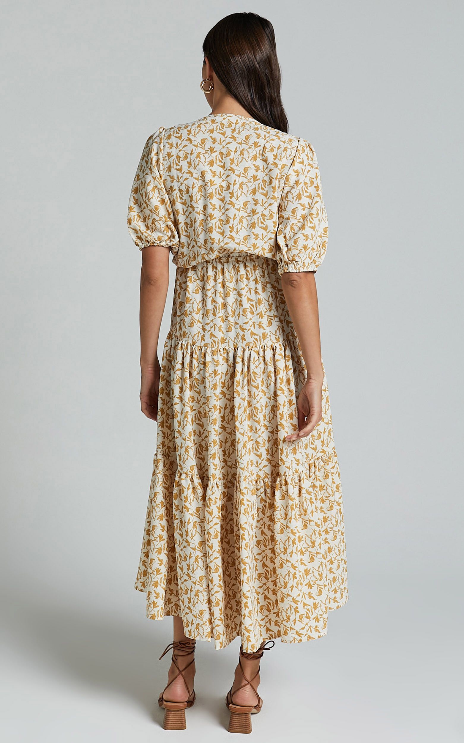 Alena Midi Dress - Short Puff Sleeve Tie Front Tiered Dress in Golden Floral