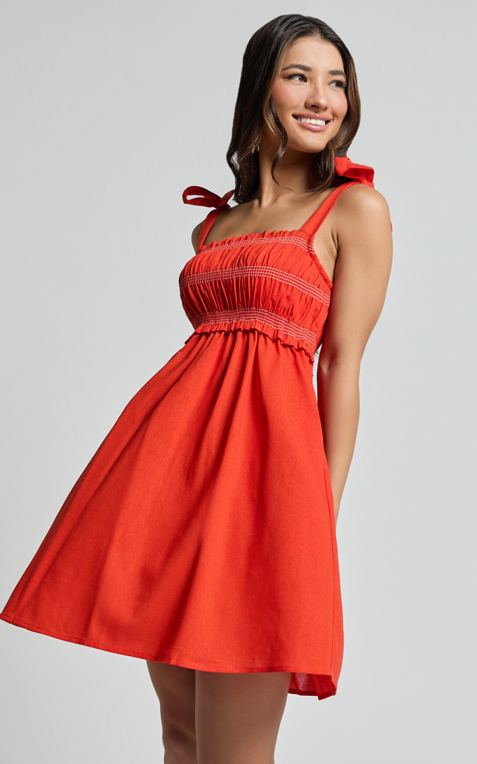 Cloe Mini Dress - Linen Tie Shoulder Shirred Dress in Red