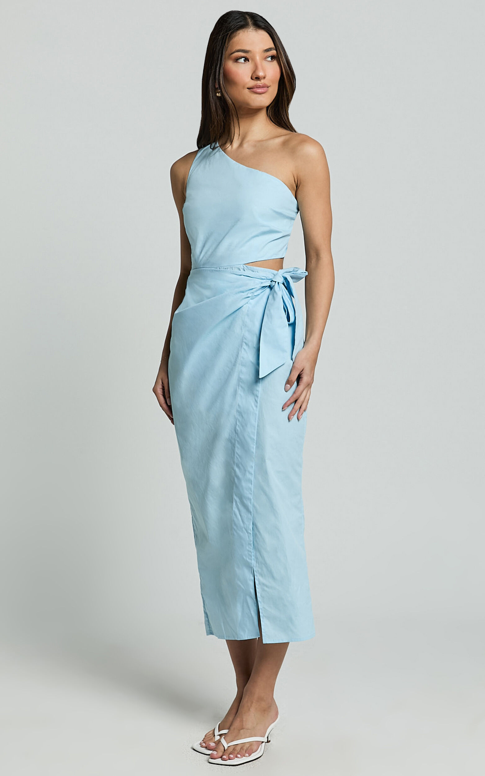 Rina Midi Dress - One Shoulder Side Cut Out Wrap Dress in Blue