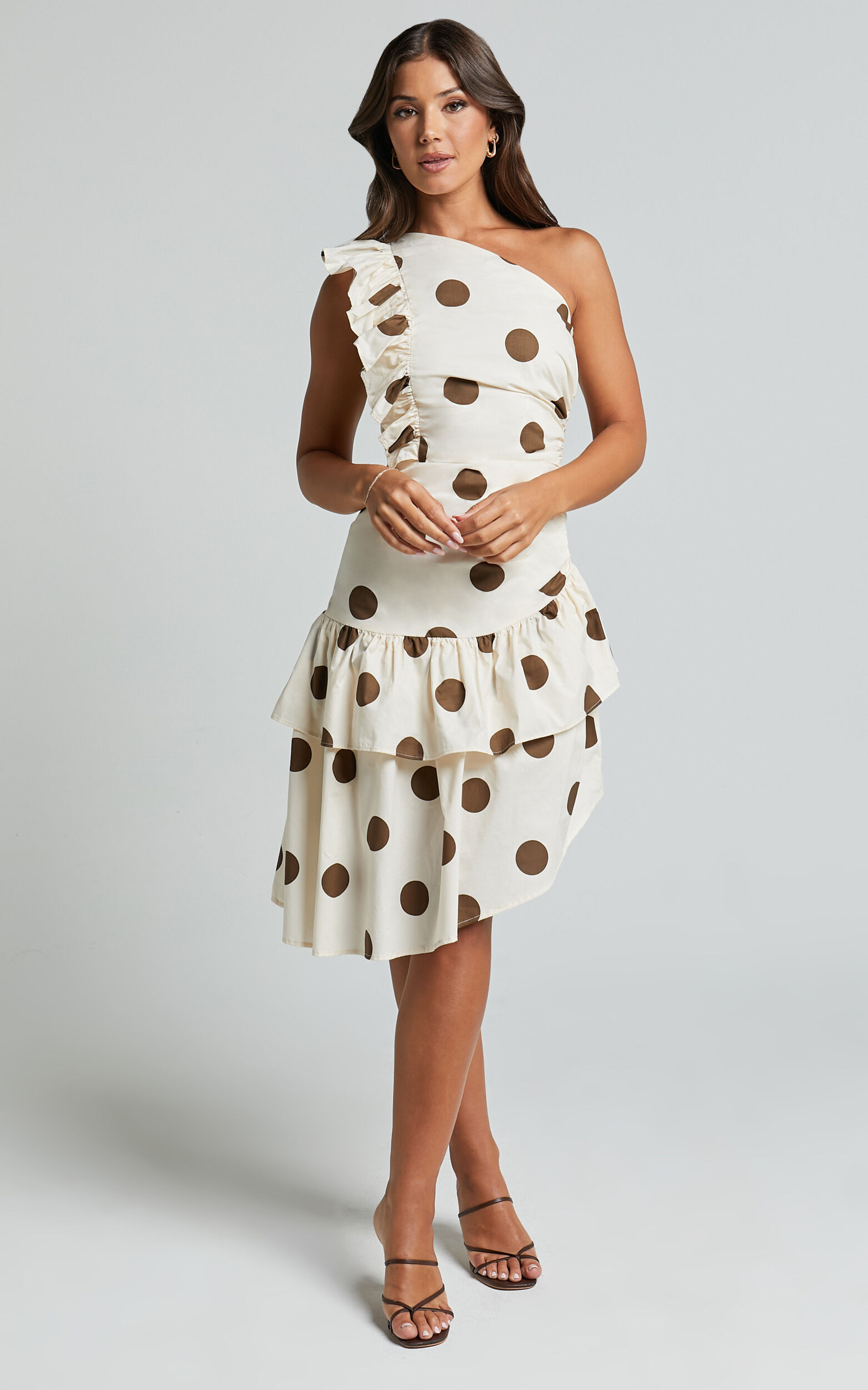 Emilie Midi Dress - One Shoulder Ruffle Detail Dress in Chocolate and Natural