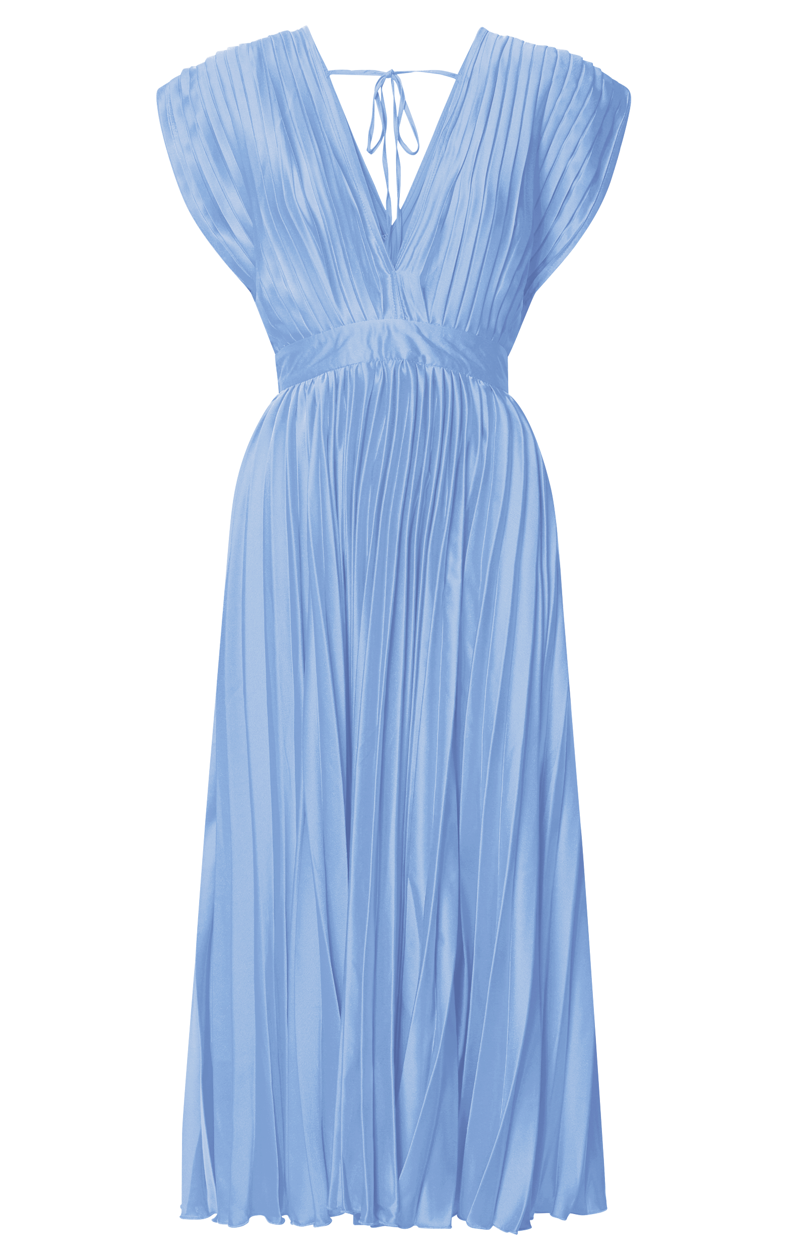 Della Midi Dress - Plunge Neck Short Sleeve Pleated Dress in Baby Blue