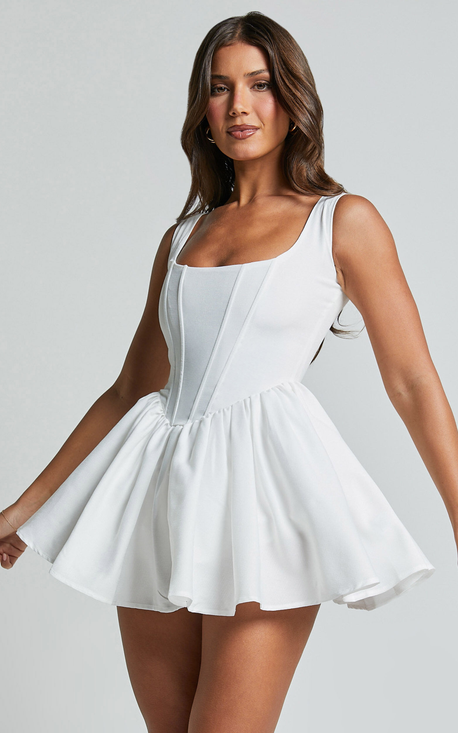 Carolyn Mini Dress - Wide Strap Sleeveless Fit and Flare Dress in White