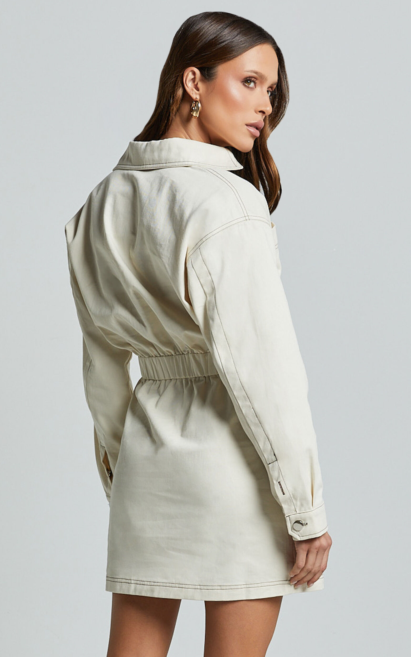 Lilianna Mini Dress - V Neck Long Sleeve Wrap Dress in Cream