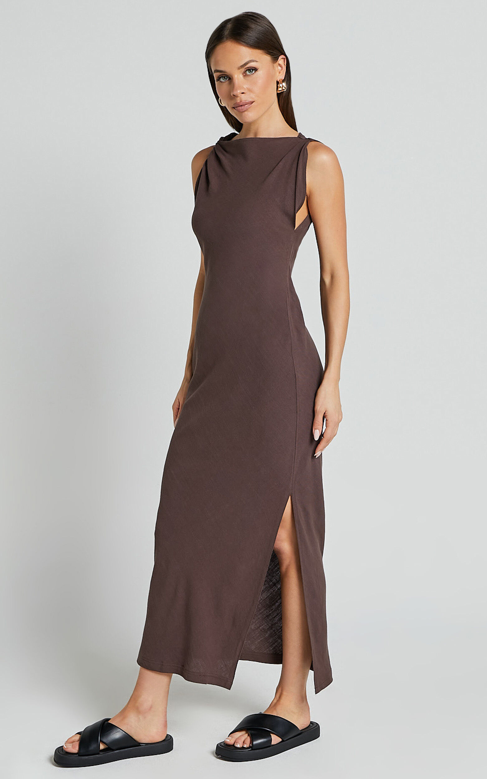 Jessenia Midi Dress - Linen High Neck Dress in Chocolate