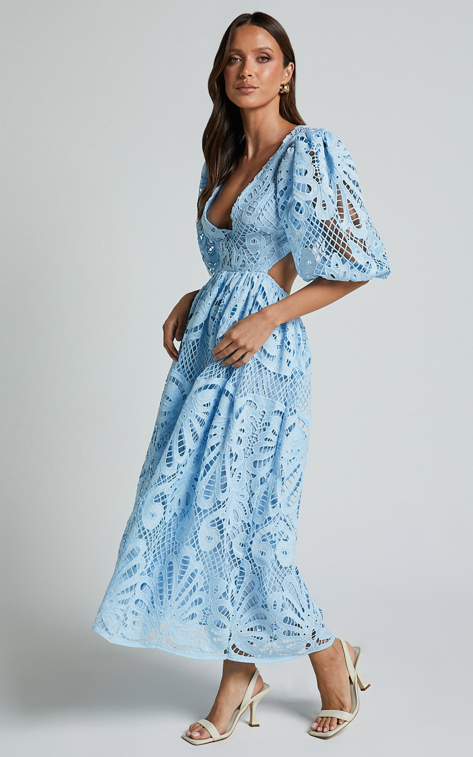 Anieshaya Midi Dress - V Neck Cut Out Lace Dress in Soft Blue