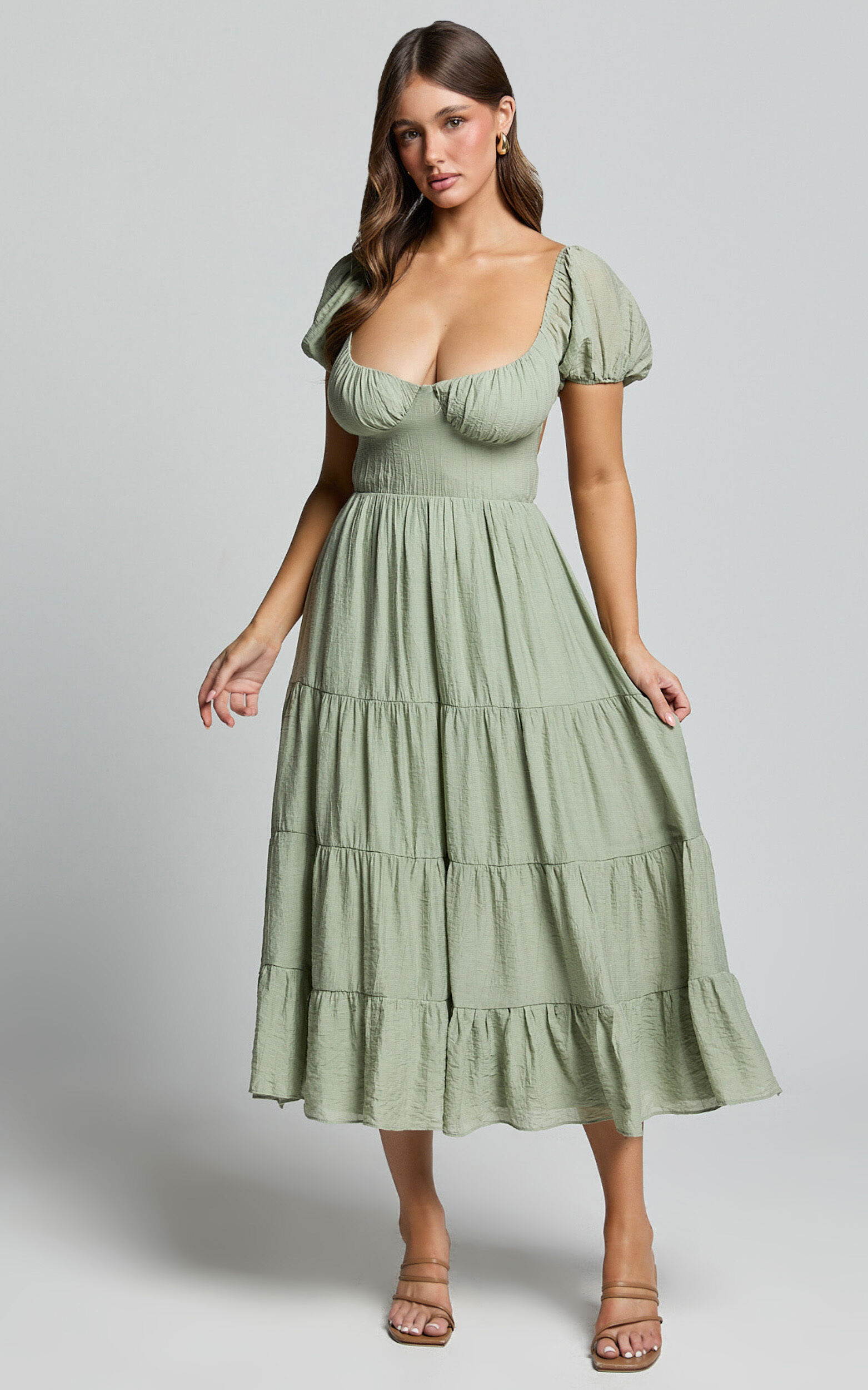 Anita Midi Dress - Puff Sleeve Tiered Dress in Sage