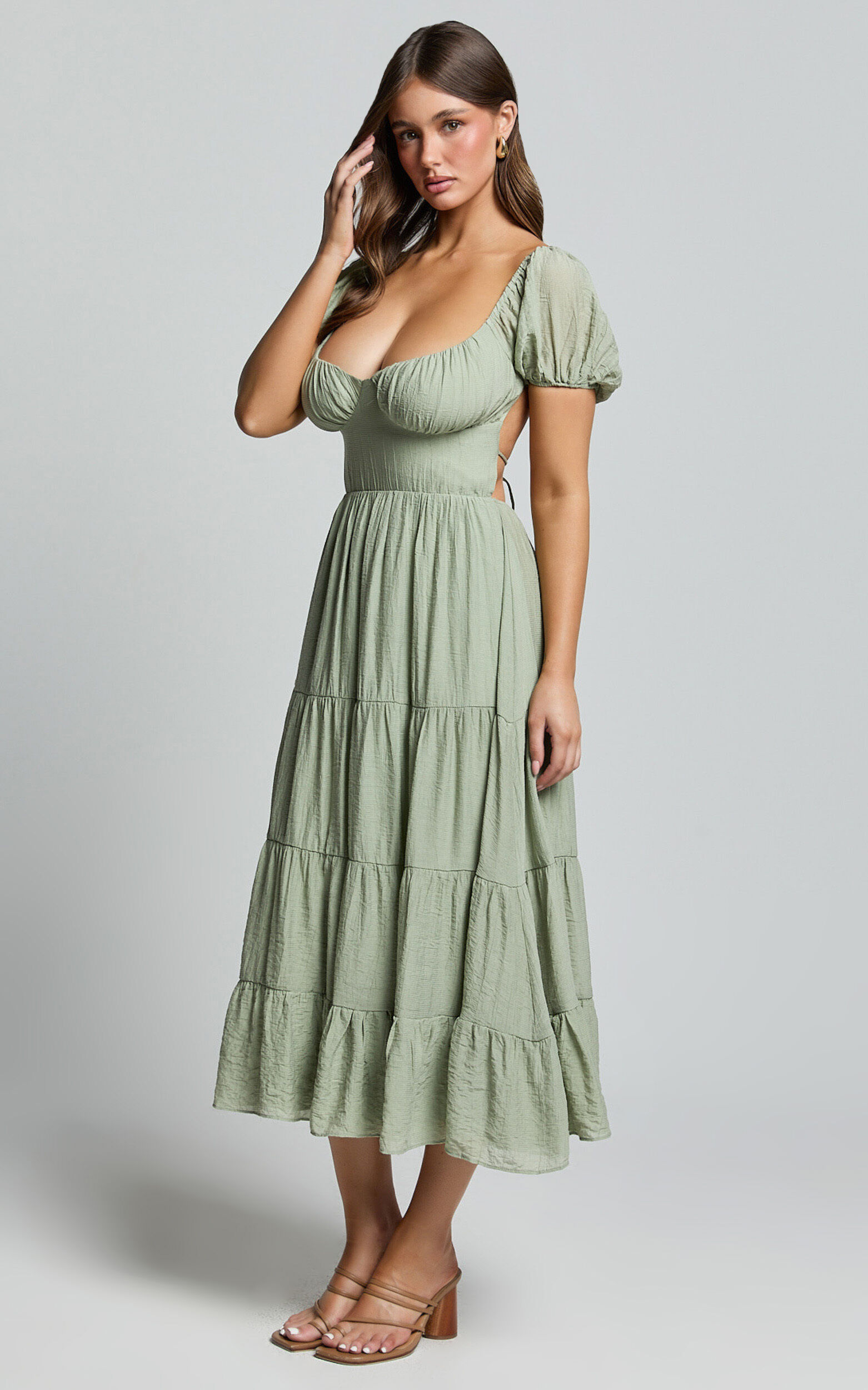 Anita Midi Dress - Puff Sleeve Tiered Dress in Sage