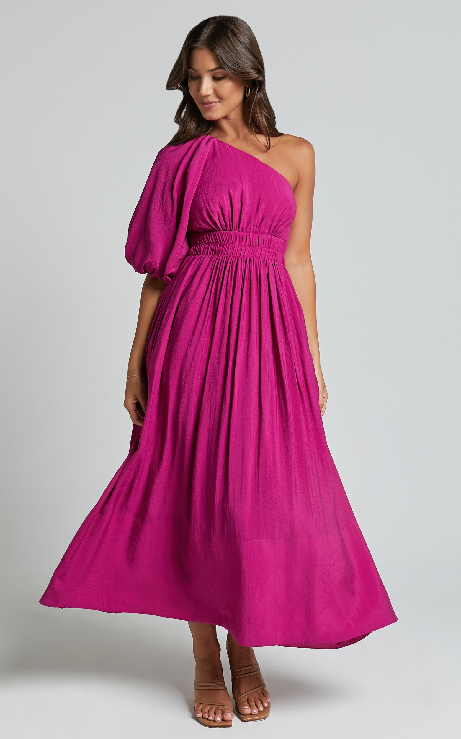 Lleve Midi Dress - One Shoulder Empire Waist Dress in Grape