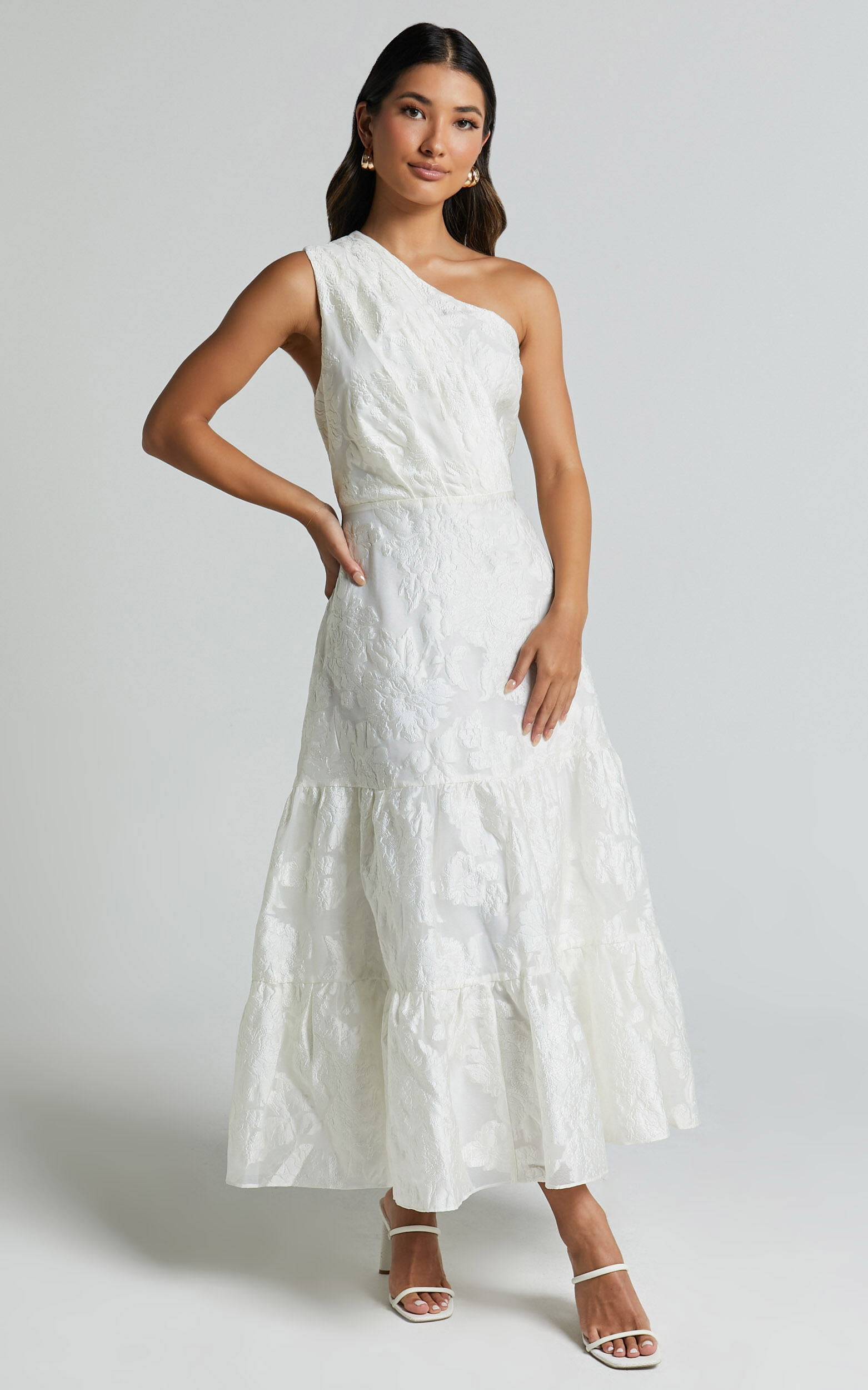 Nadette Midi Dress - One Shoulder Pleated Tiered Dress in White