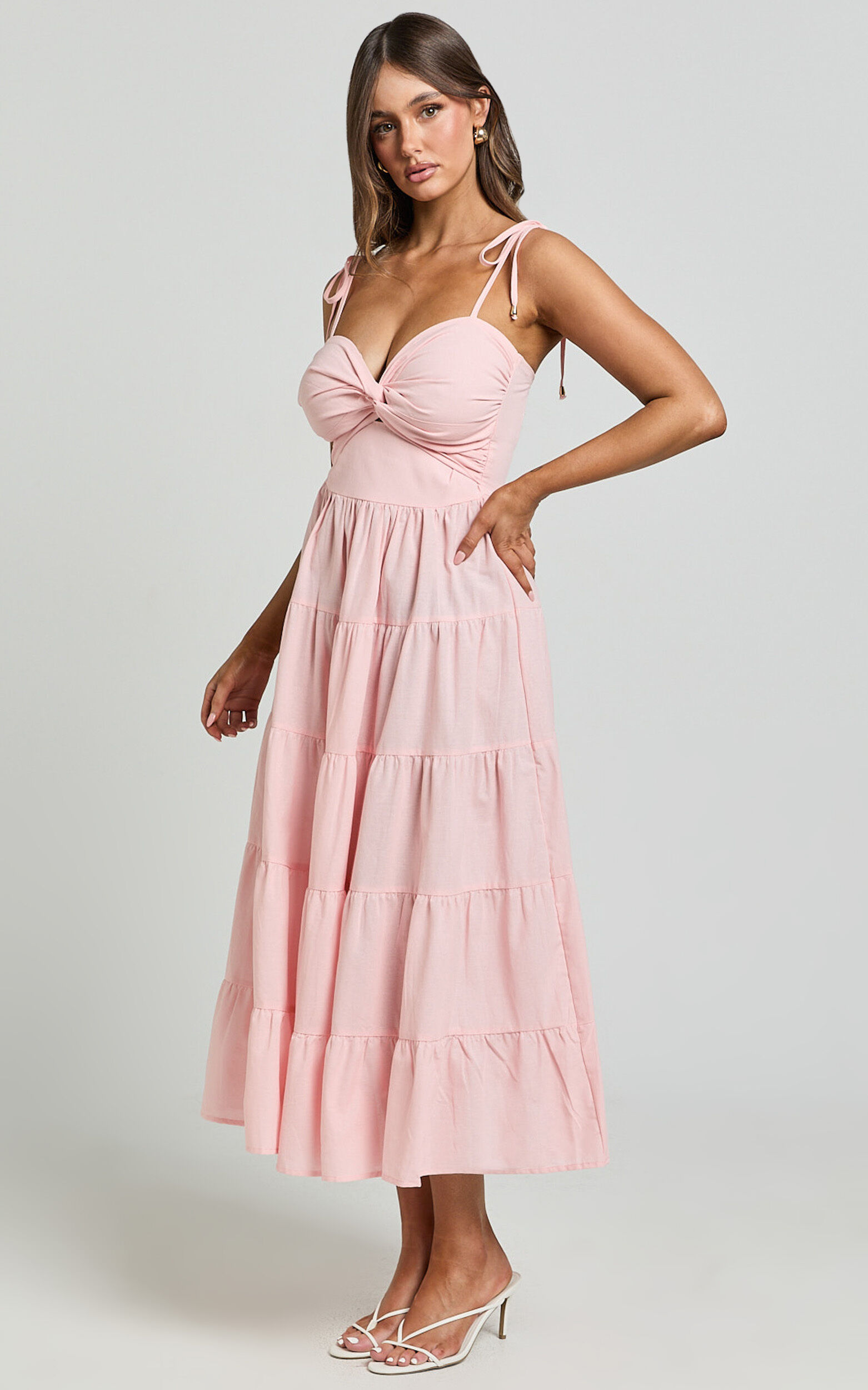 Leticia Midi Dress - Twist Front Tie Strap Tiered Dress in Soft Pink