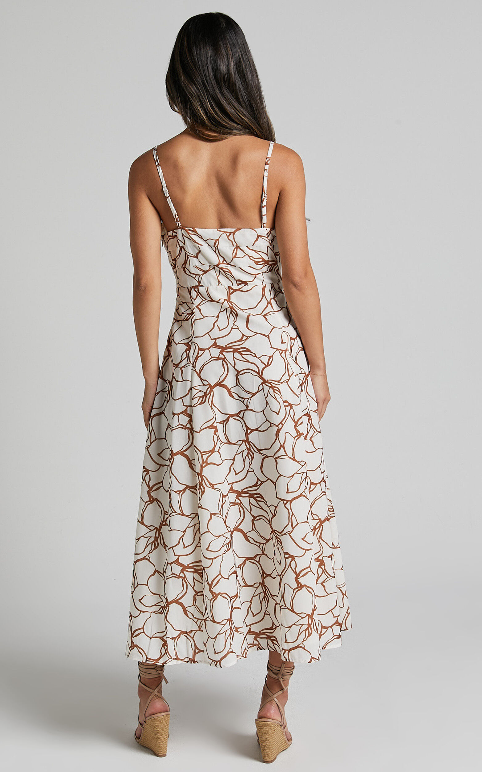 Nylia Midi Dress - Strappy Fit and Flare Dress in White Floral