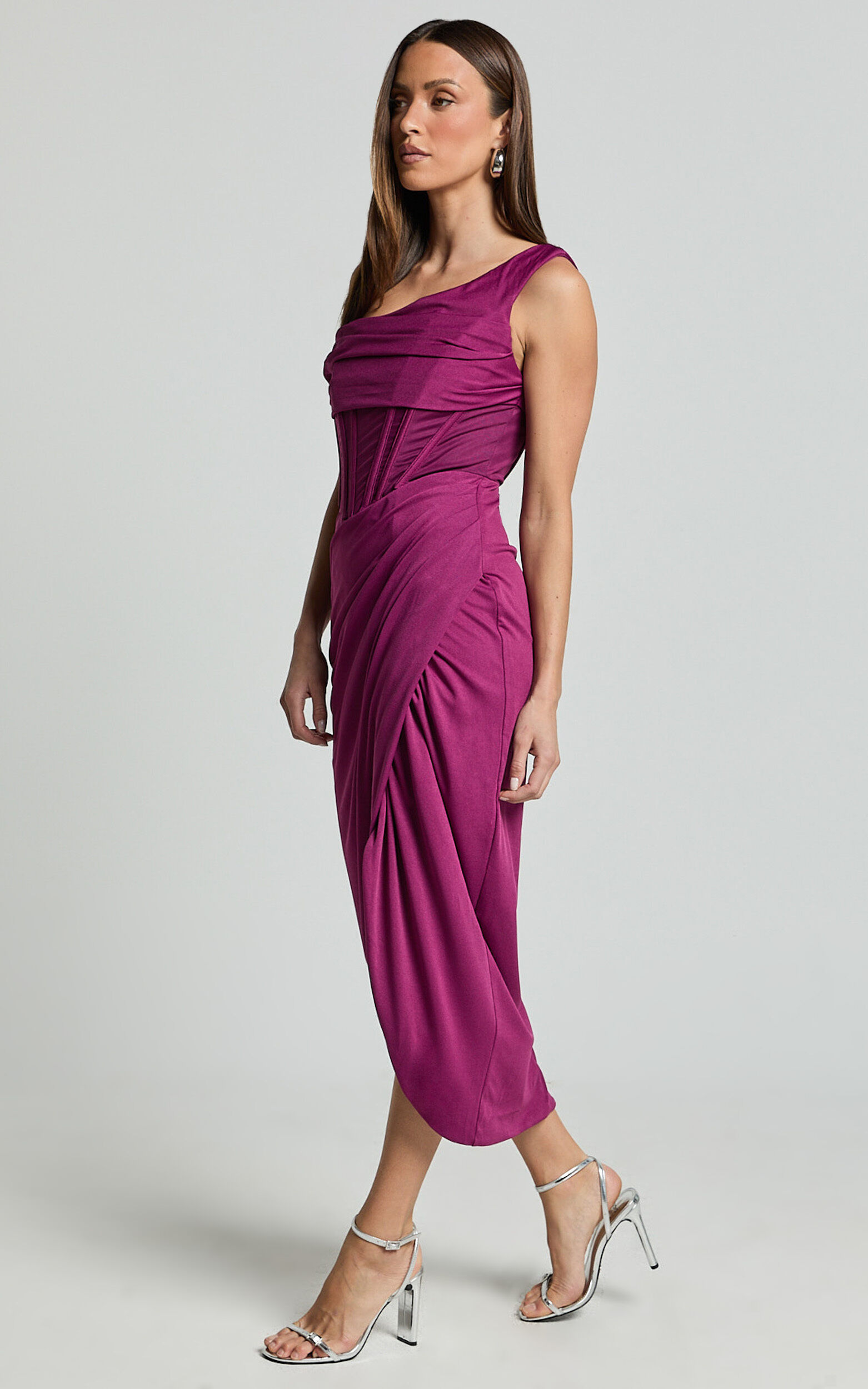 Aidia Midi Dress - One Shoulder Draped Corset Dress in Plum