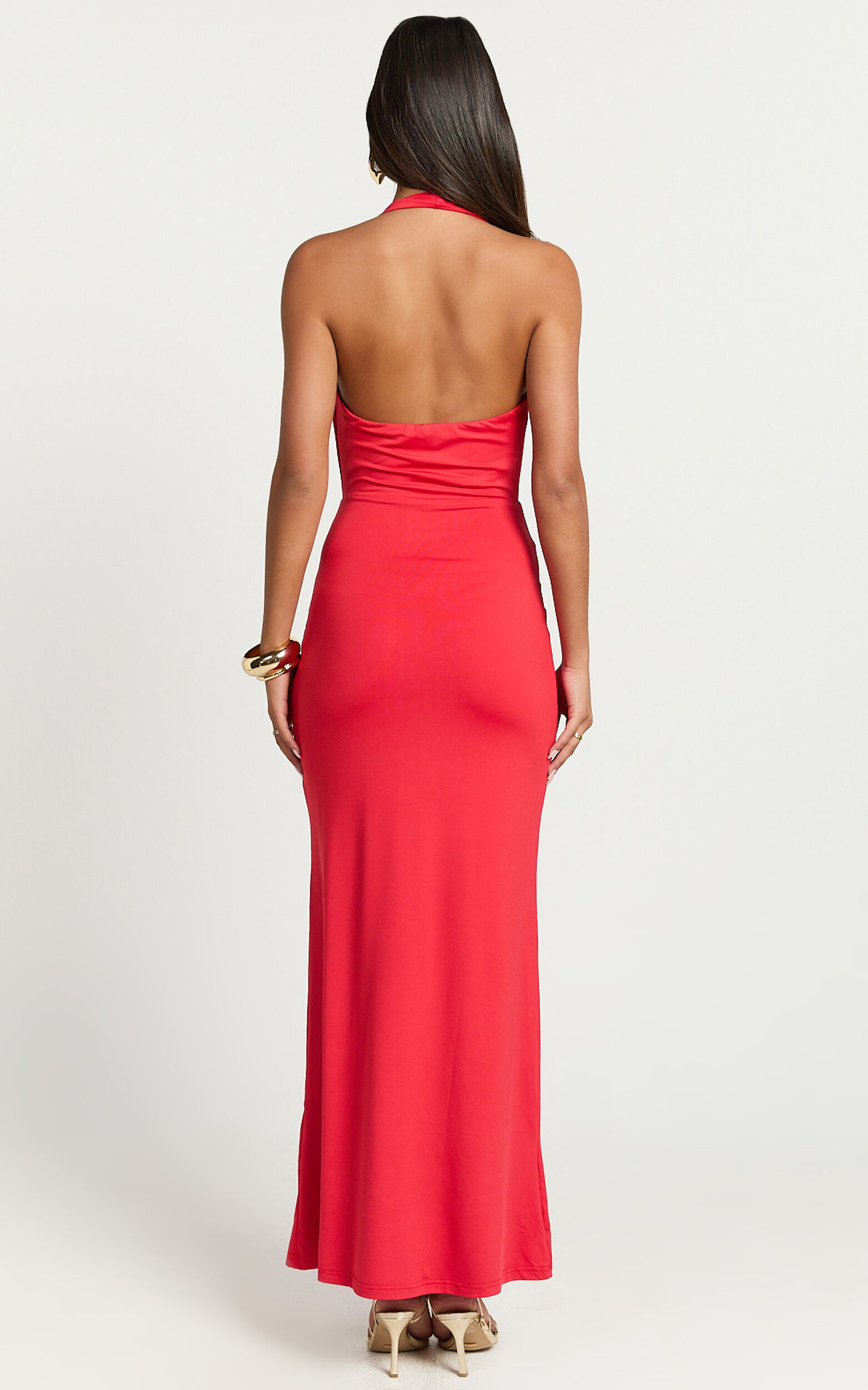 Sylvana Maxi Dress - Cowl Halter Neck Bodycon Dress in Red