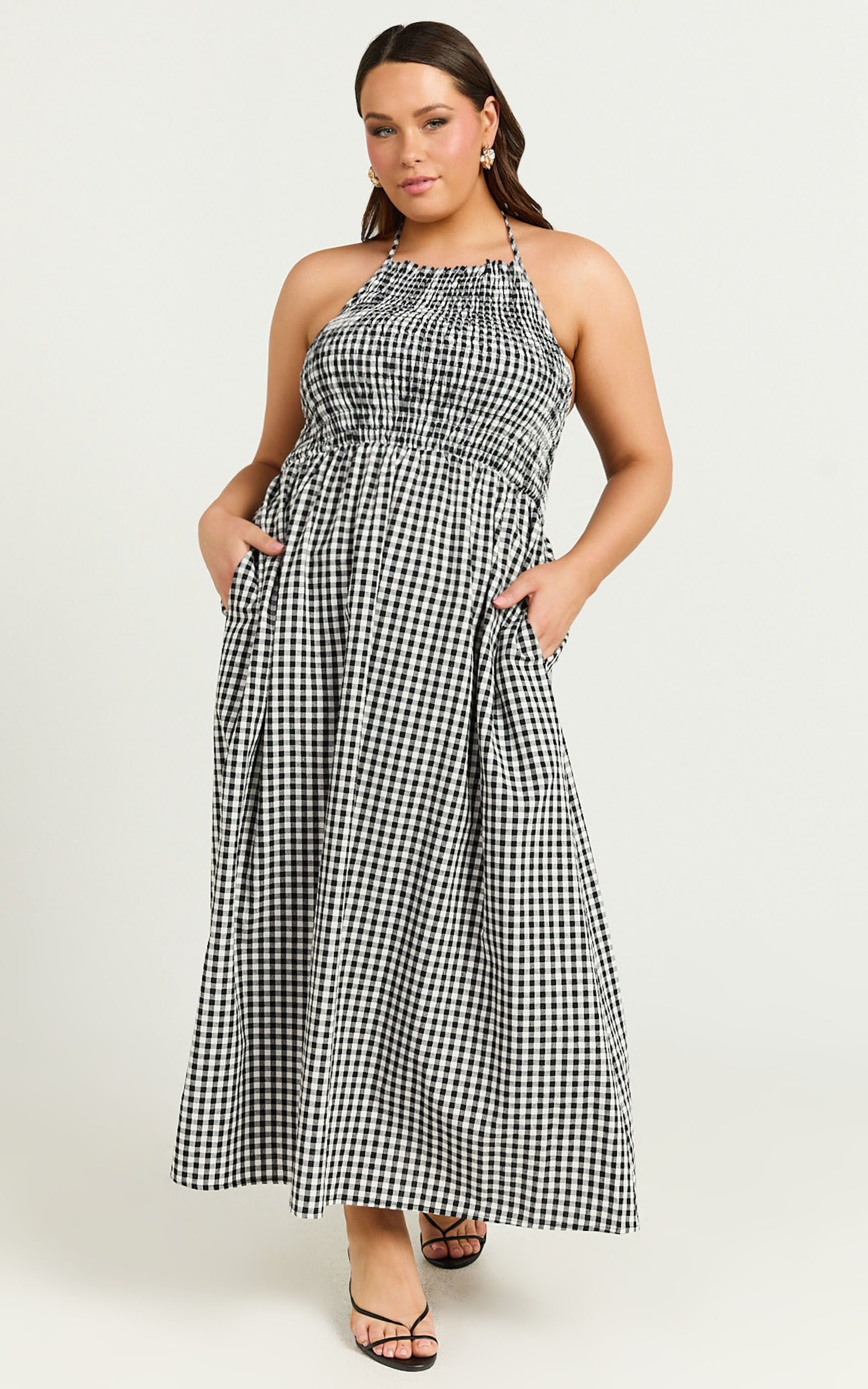 Aimie Midi Dress - Strappy Halter Neck Shirred Top in White Check